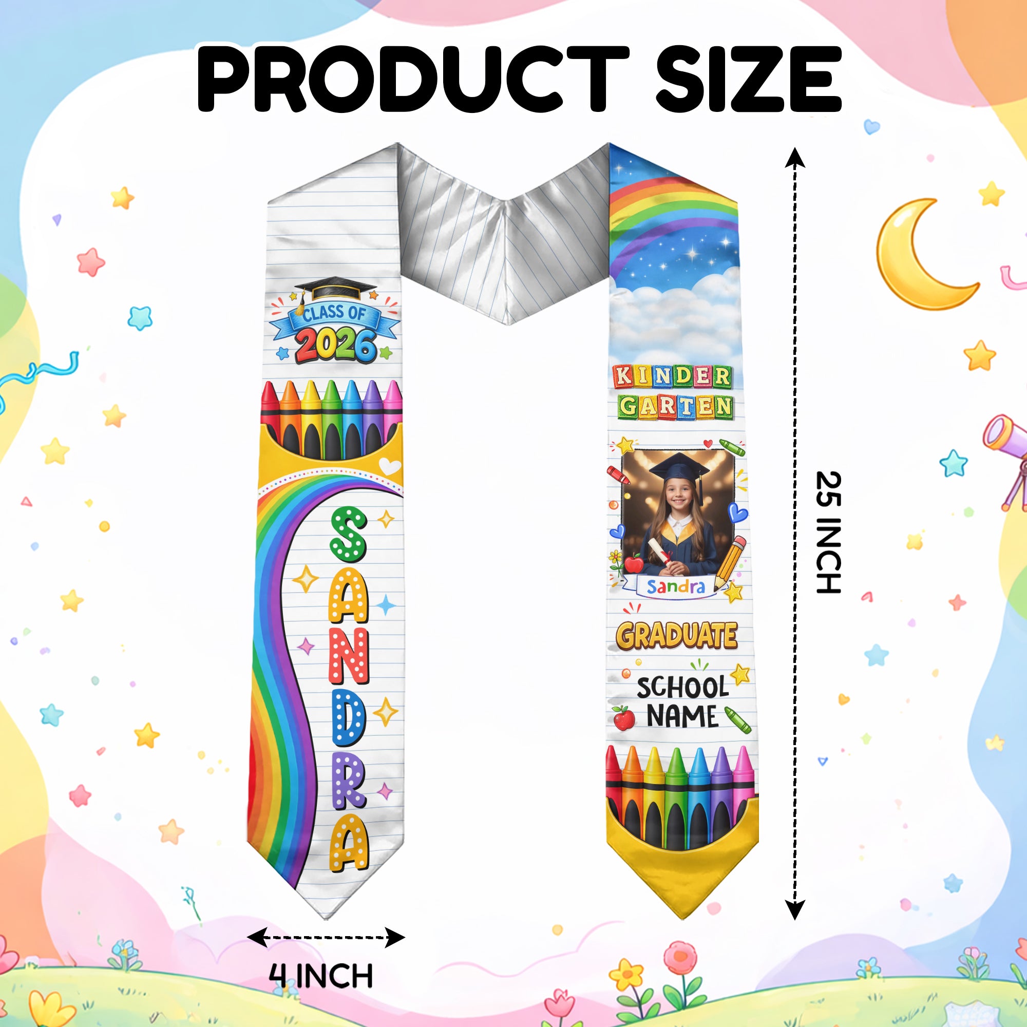 Custom Photo Graduation Stole Kids - Colorful Crayon Rainbow Sash 2026