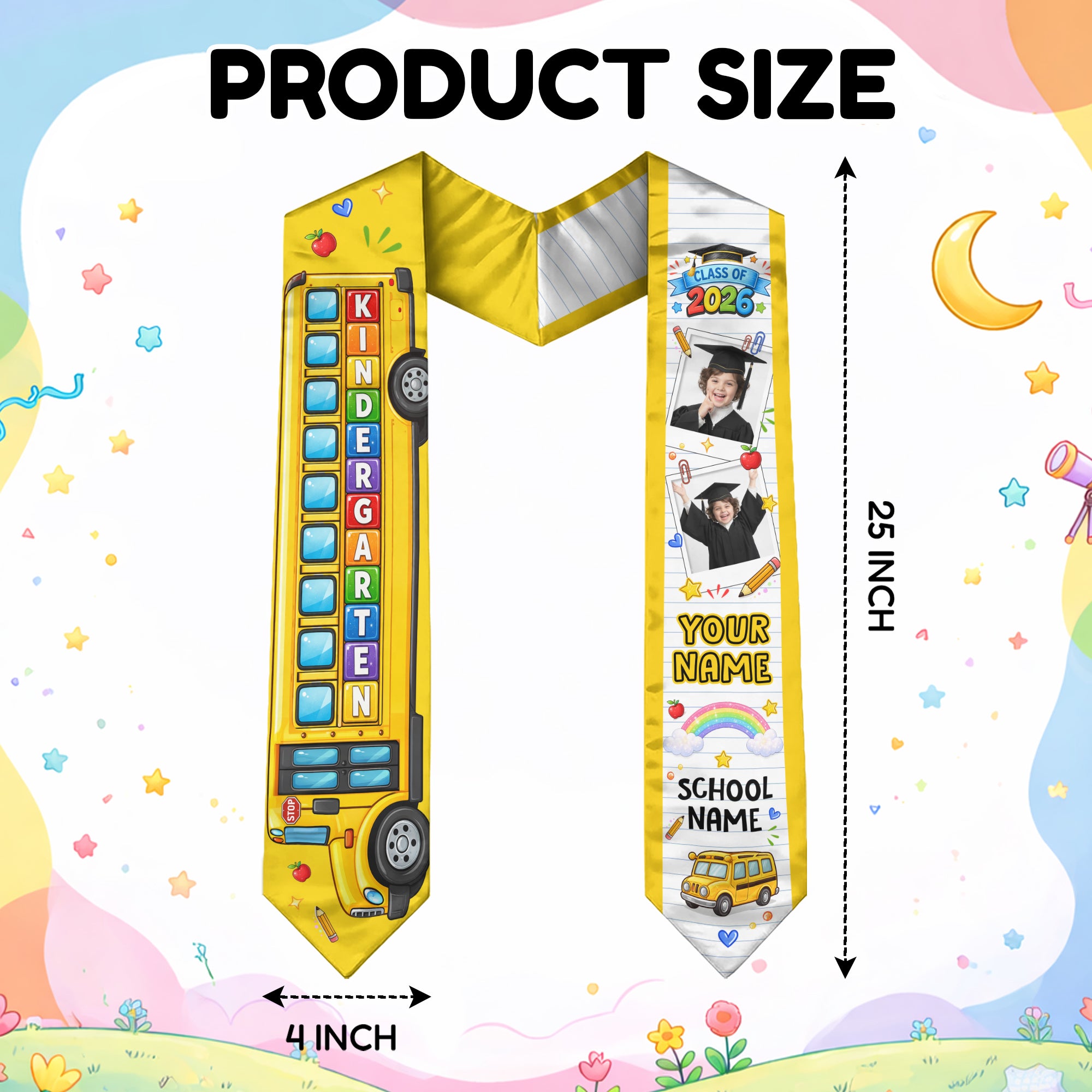 School Bus Kids Graduation Stole with Photo - Personalized Class of 2026 Sash