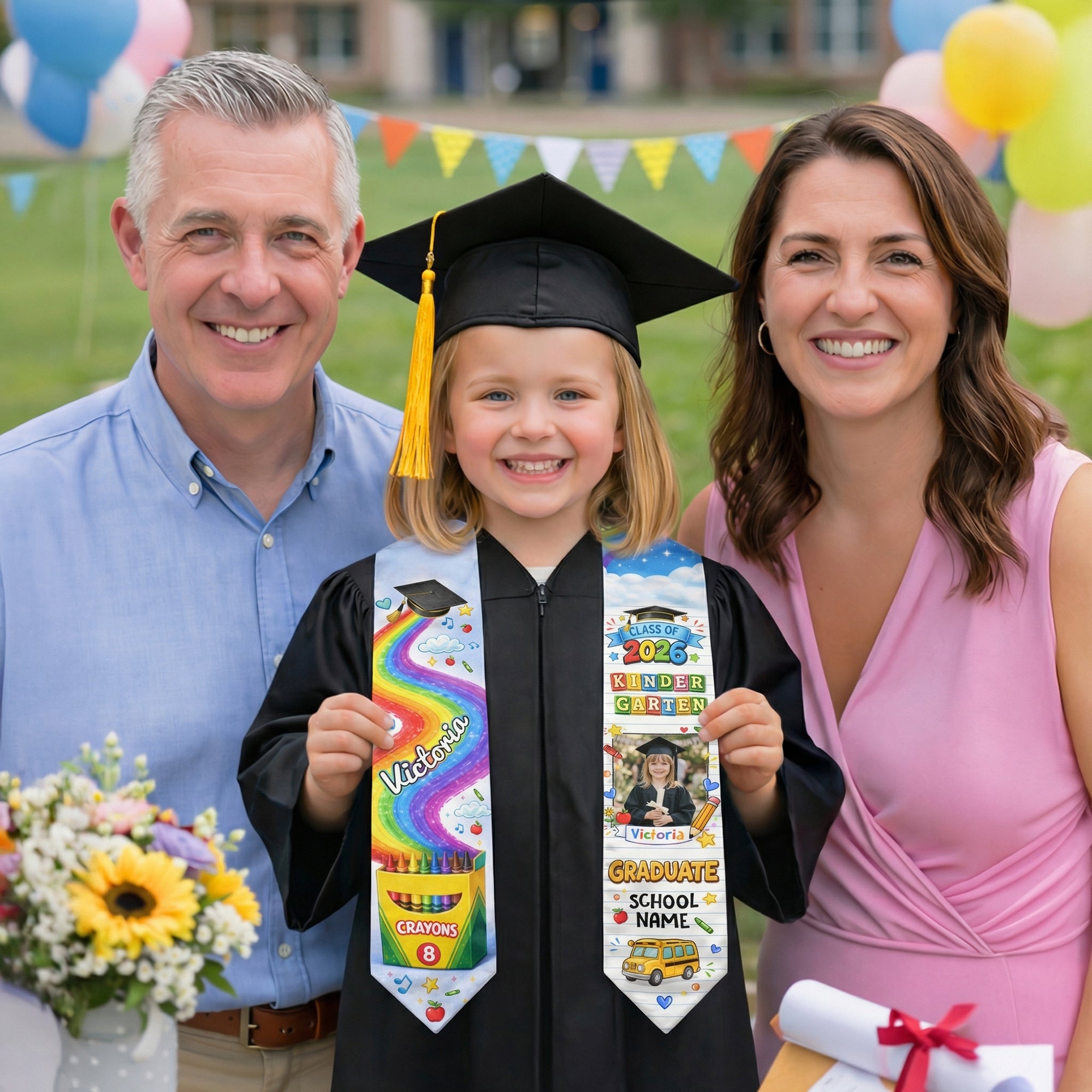 Personalized Graduation Stole for Kids - Custom Photo & School Name 2026 Rainbow Sash