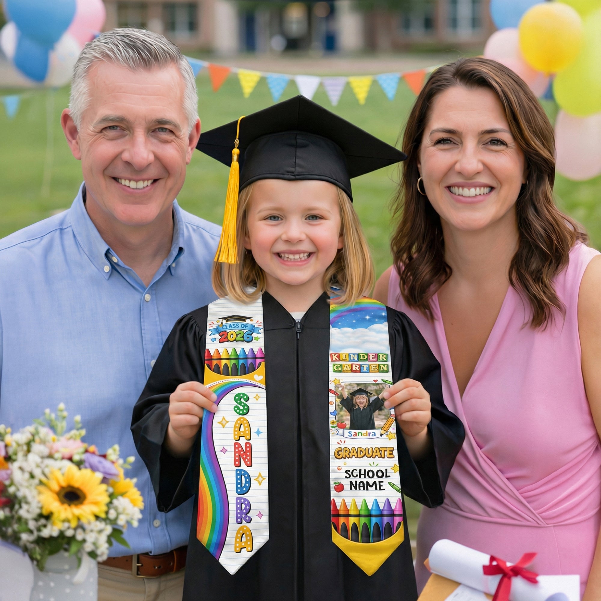 Custom Photo Graduation Stole Kids - Colorful Crayon Rainbow Sash 2026