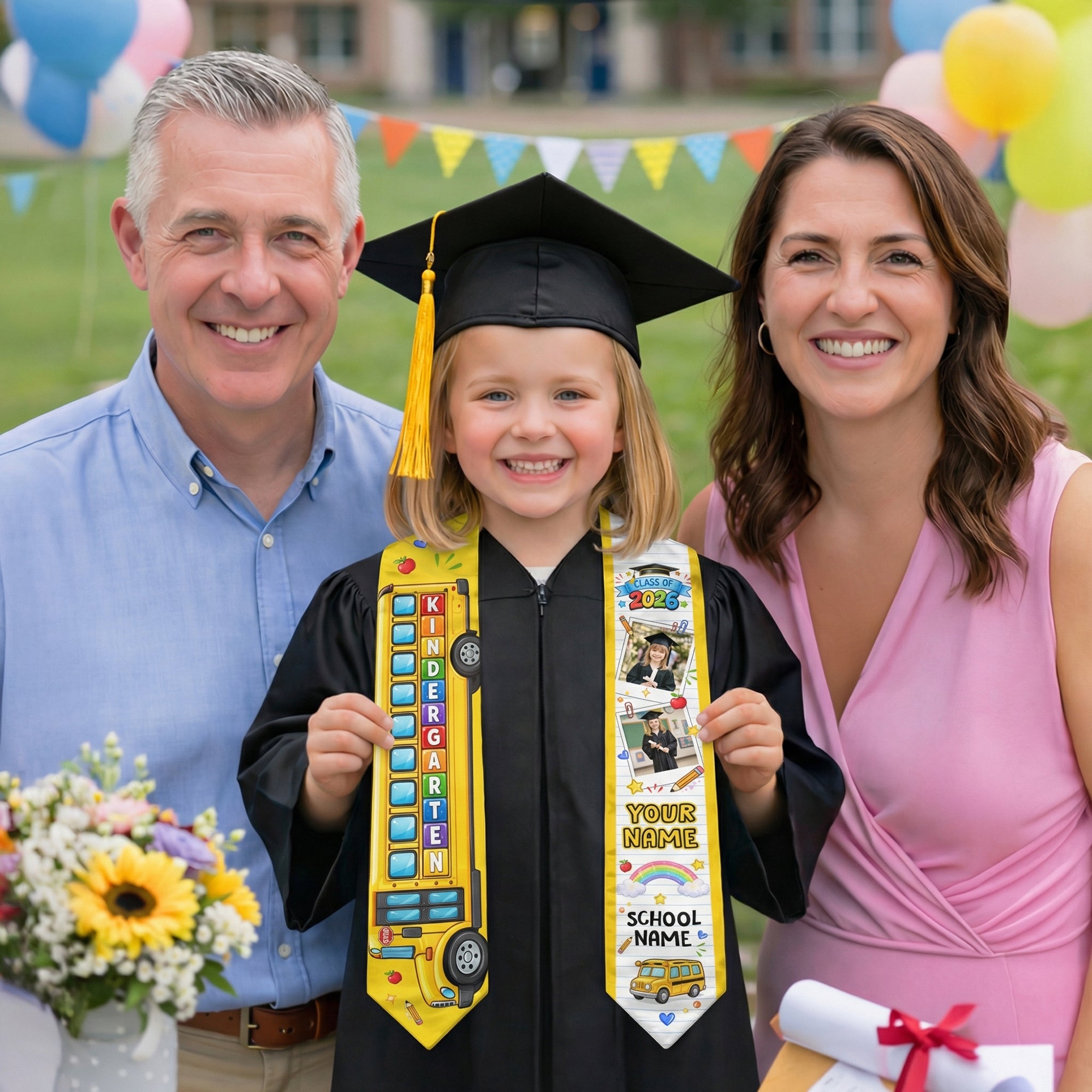 School Bus Kids Graduation Stole with Photo - Personalized Class of 2026 Sash