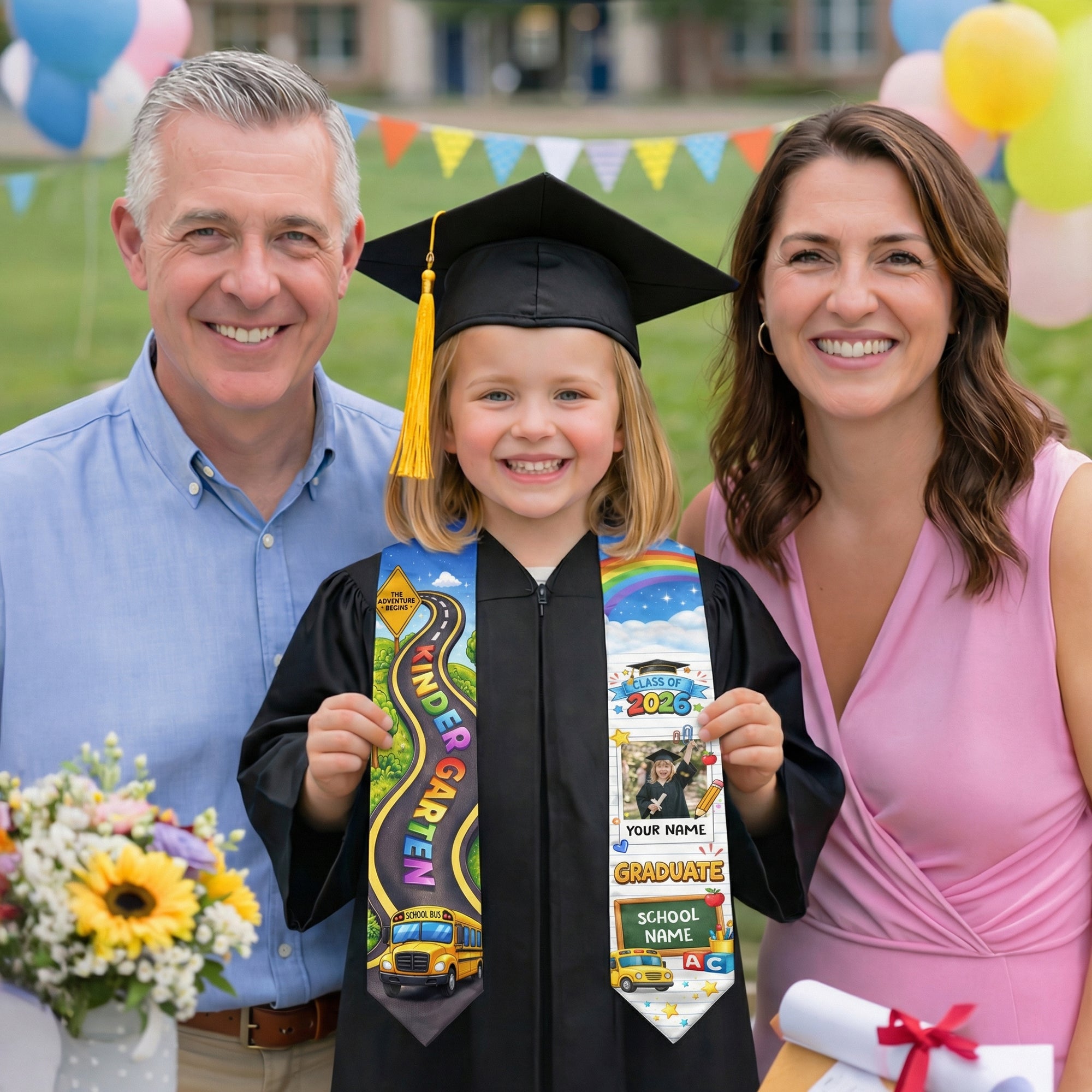 School Bus & Road Graduation Stole Kids - Personalized Photo Class of 2026