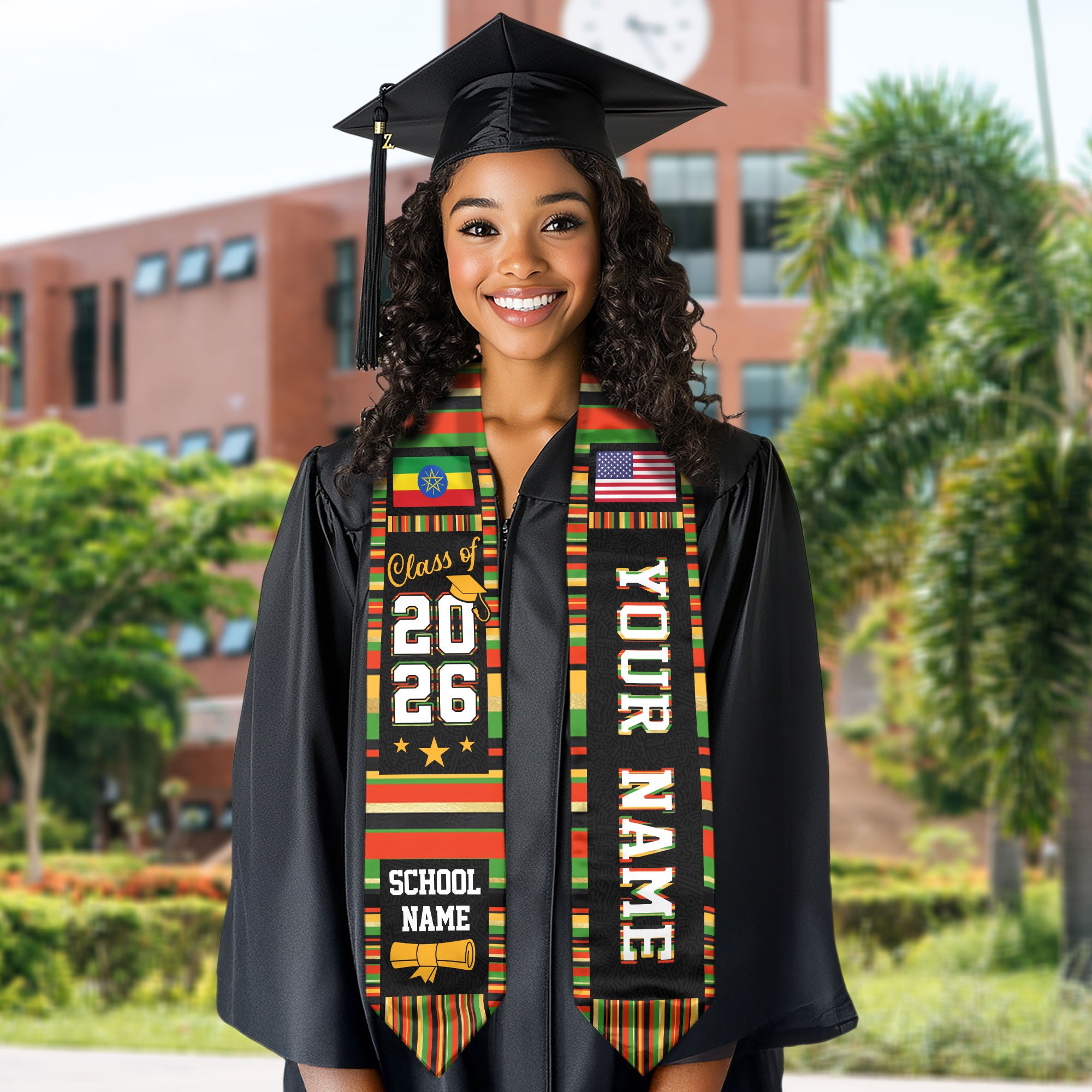 Ethiopia Graduation Stole 2026, Ethiopian Flag Sash, Graduation Stole with Custom Accent