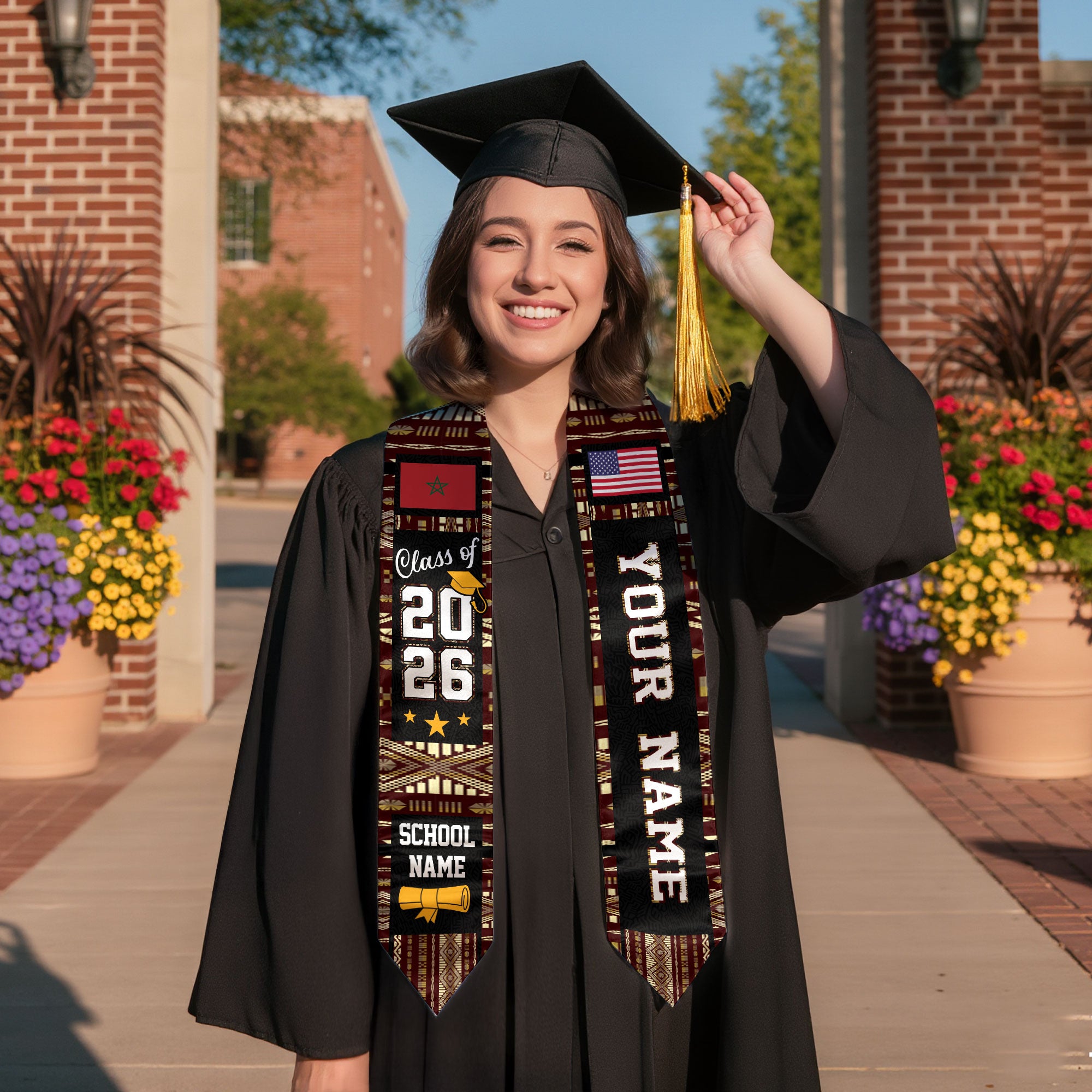 Morocco Graduation Stole 2026, Moroccan Flag Sash, Class of 2026 Custom Trim for Grads