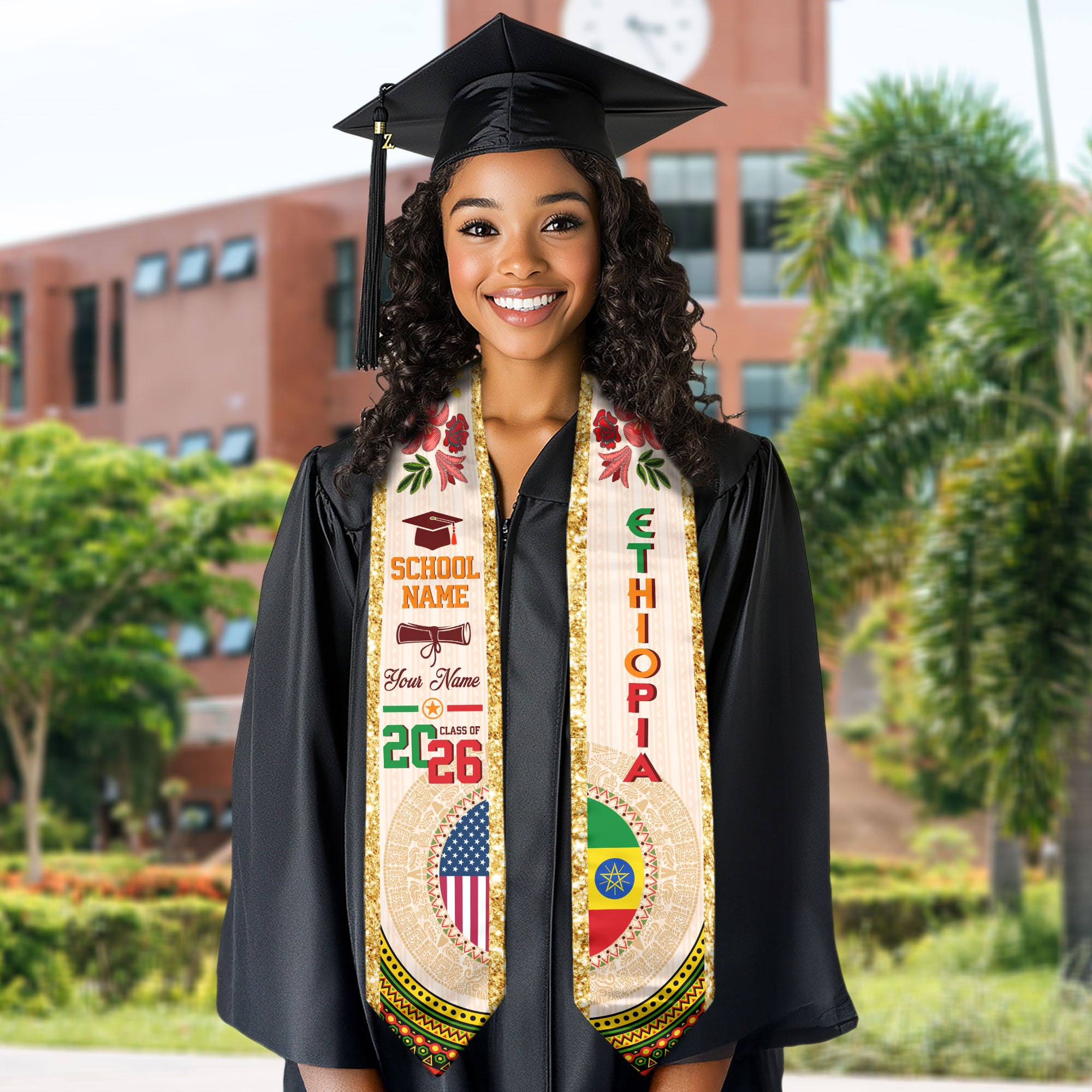 Ethiopian Flag Graduation Sash 2026, Ethiopia Graduation Stole, Customizable Detail Stole