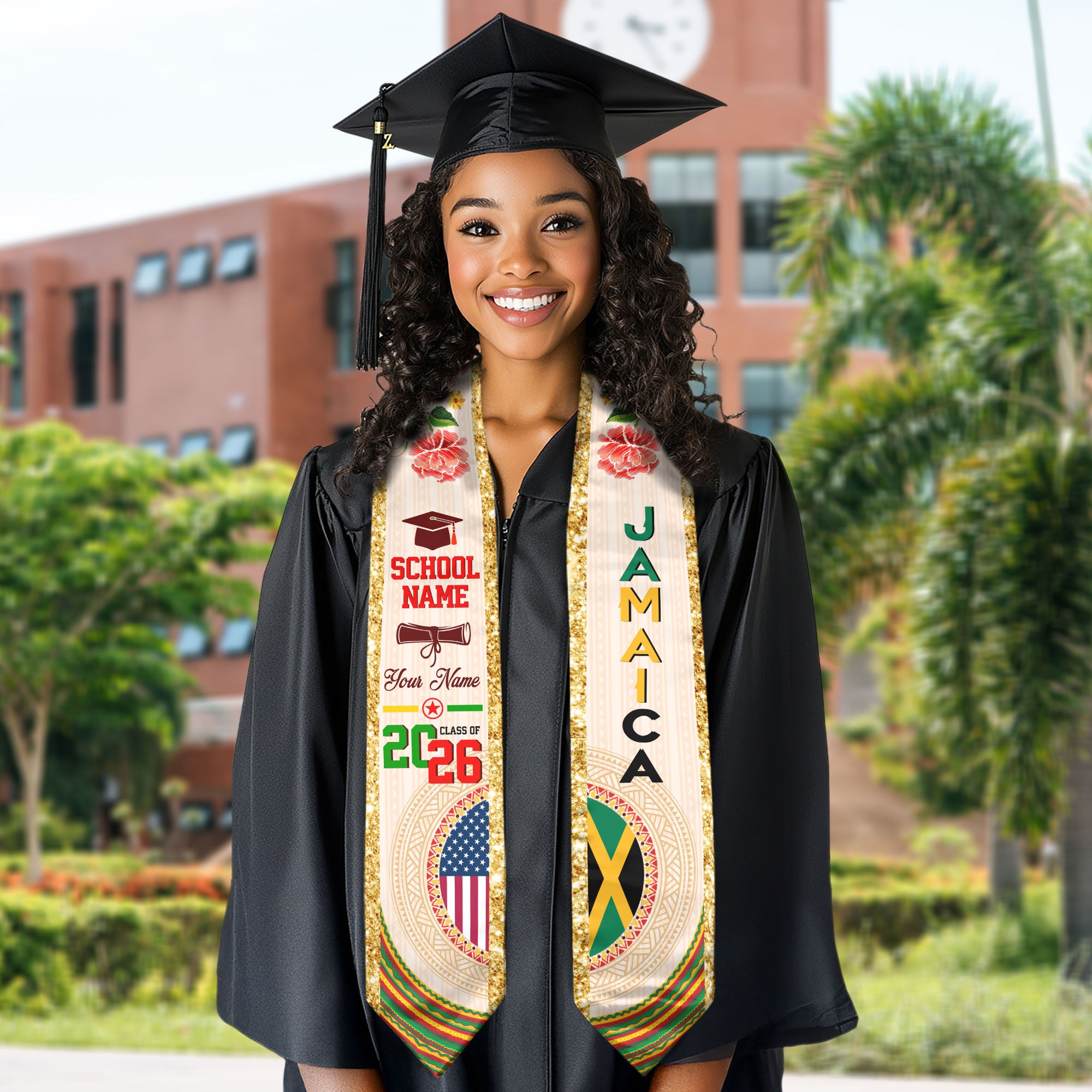 Jamaican Flag Graduation Sash 2026, Jamaica Stole, Custom Detail Option for Graduates