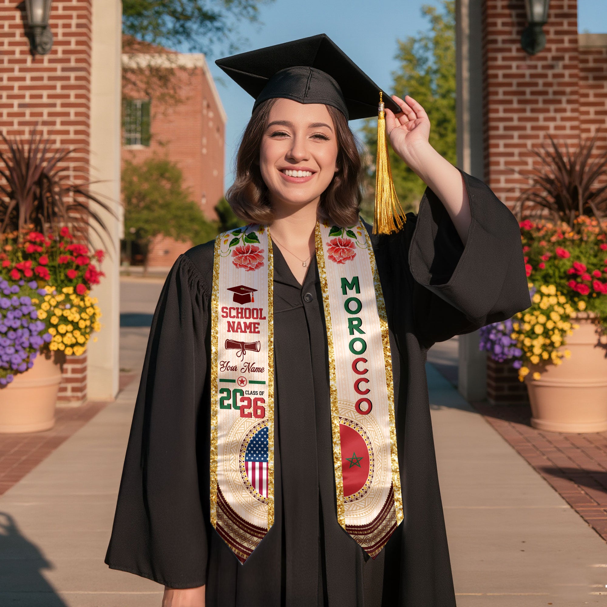 Moroccan Flag Graduation Sash 2026, Morocco Stole, Custom Detail Option for Graduates