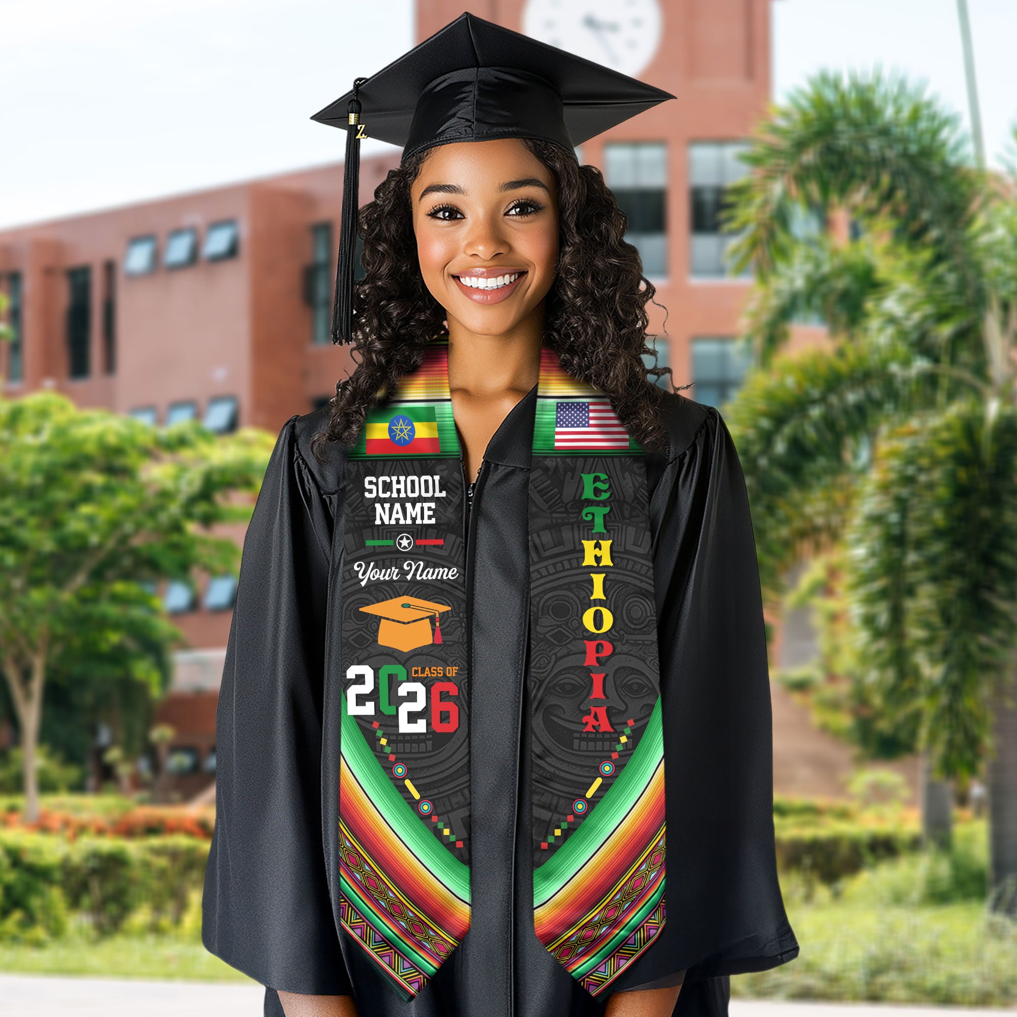 Ethiopia Flag Graduation Stole 2026, Ethiopian Grad Sash, Custom Details for Class of 2026