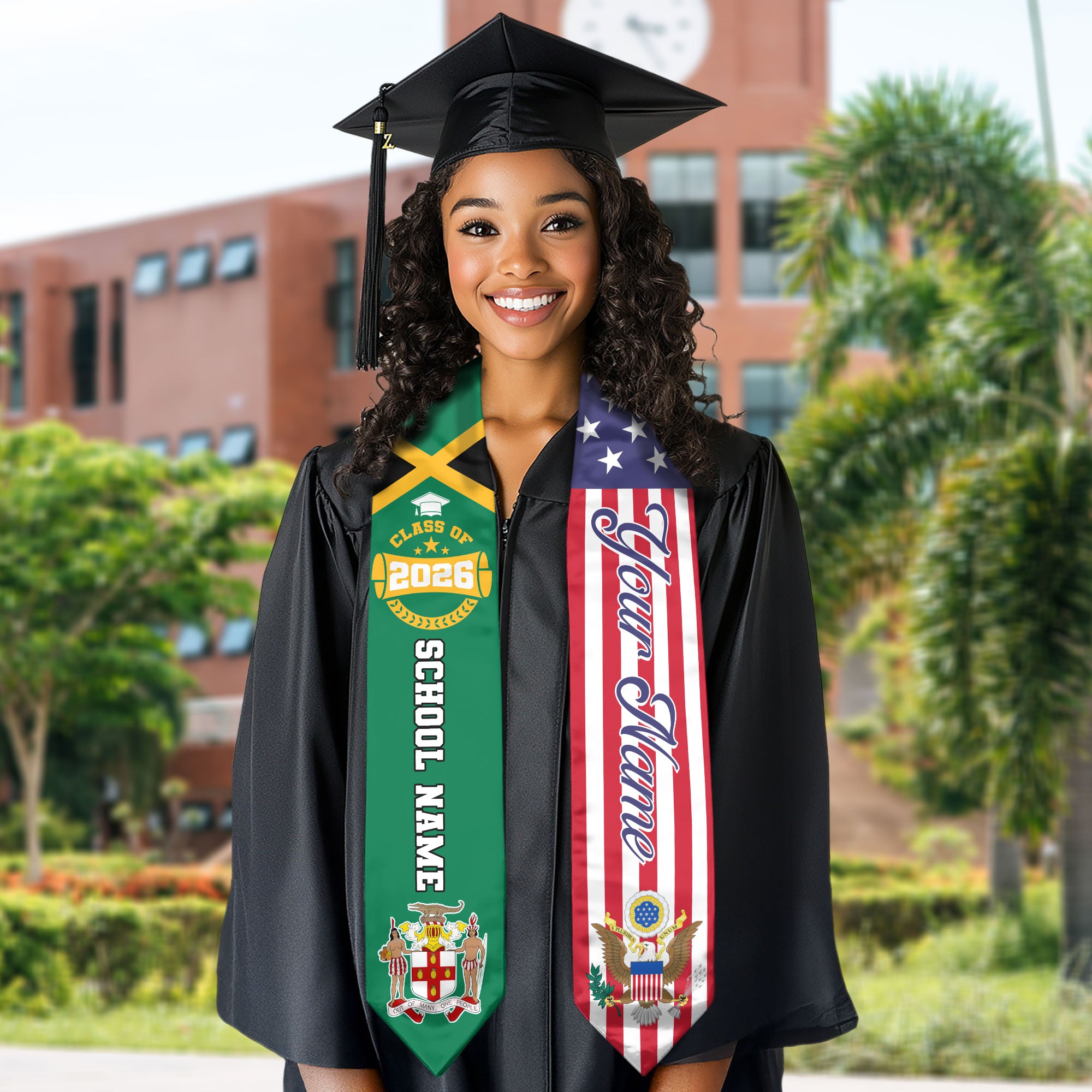 Class of 2026 Jamaica Graduation Stole, Jamaican Flag Sash, Custom Style Grad Accessory