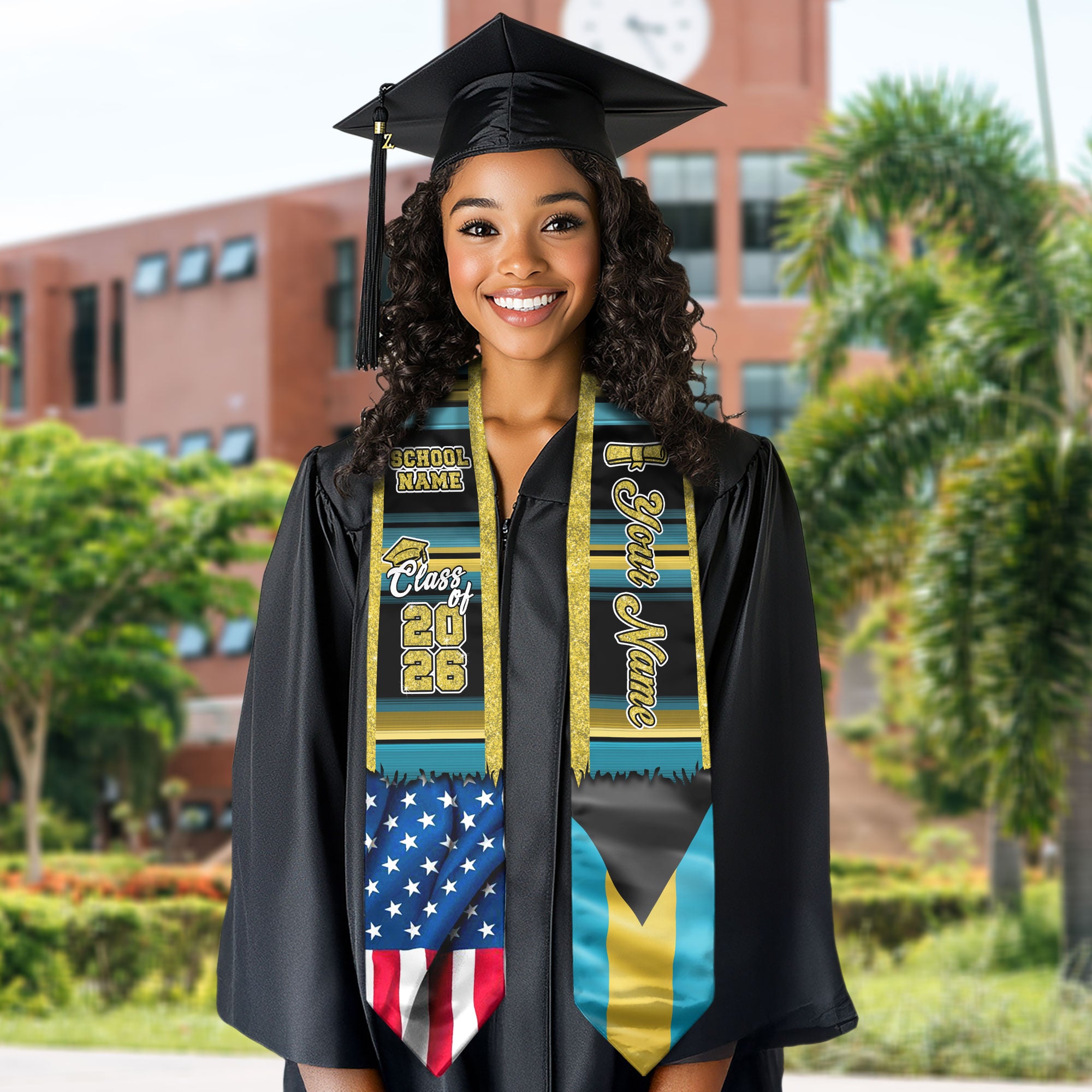 Customized Bahamas Graduation Stole Featuring Island Flag Colors, Graduation Sash for the Class of 2026