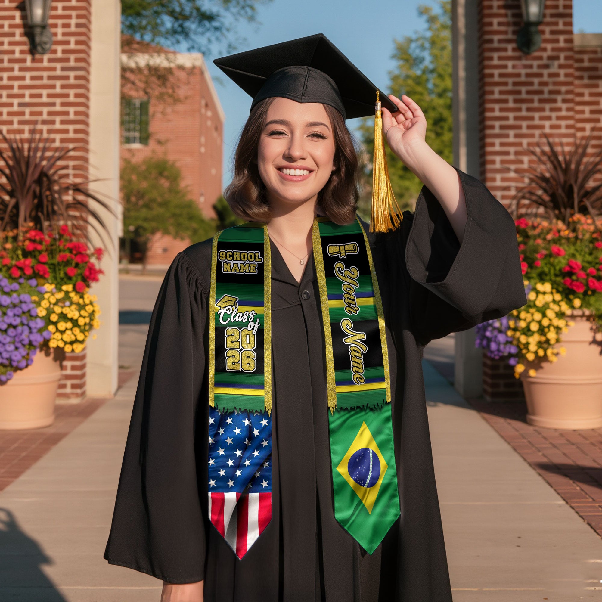 Customized Brazil Graduation Stole Showcasing Brazilian Flag Heritage, Graduation Sash for Class of 2026
