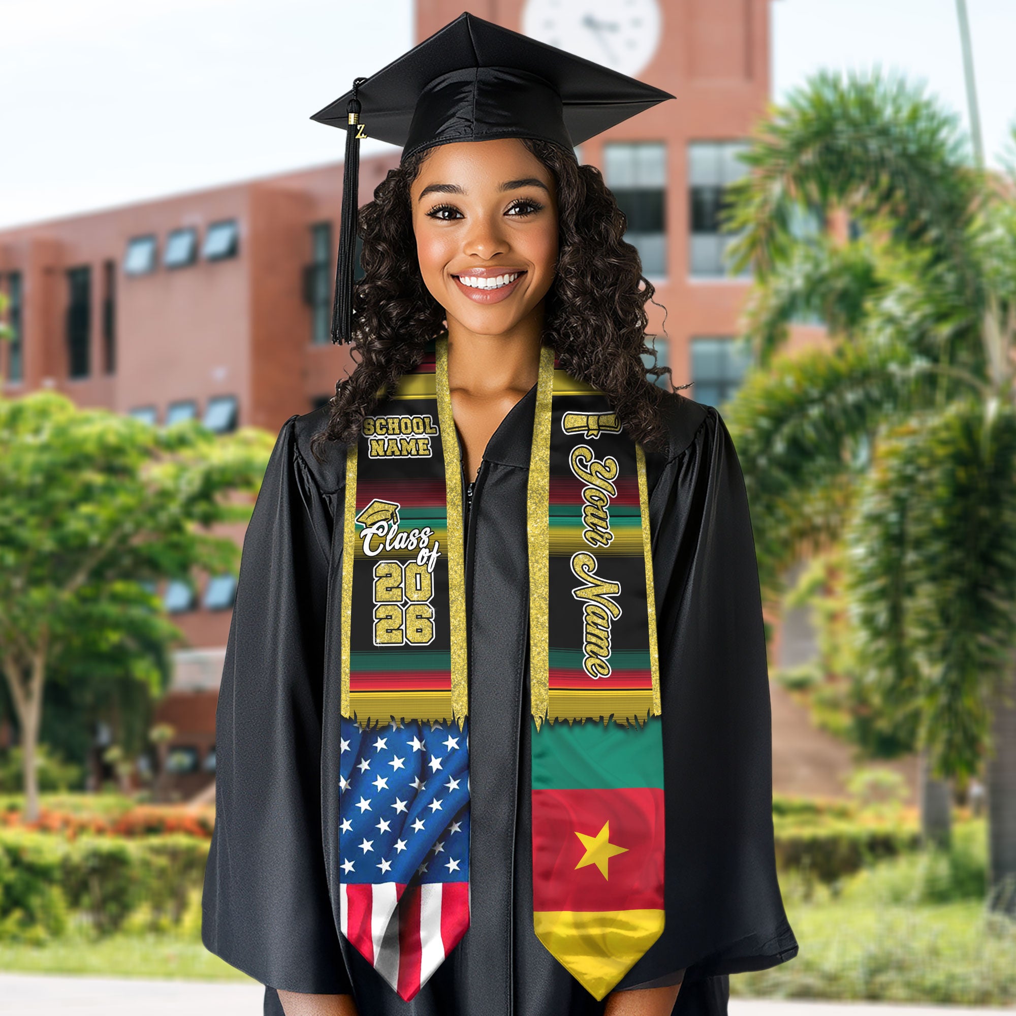 Customized Cameroon Graduation Stole with National Flag Motif, Graduation Sash Celebrating 2026 Graduates