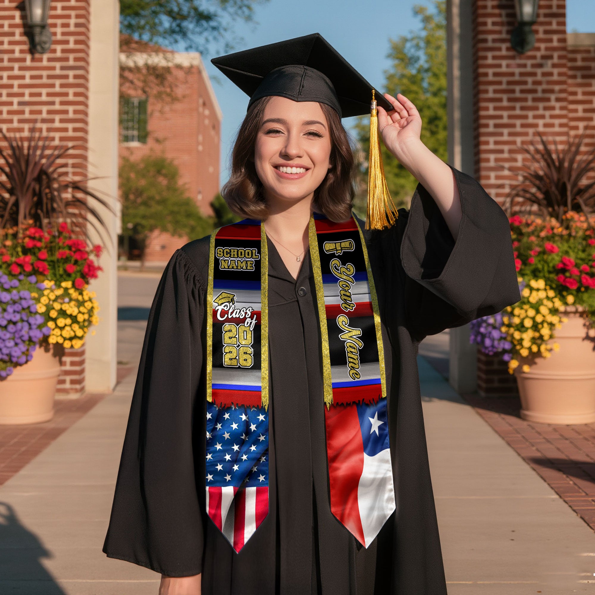 Customized Chile Graduation Stole with Chilean Flag Inspired Pattern, Graduation Sash Class of 2026