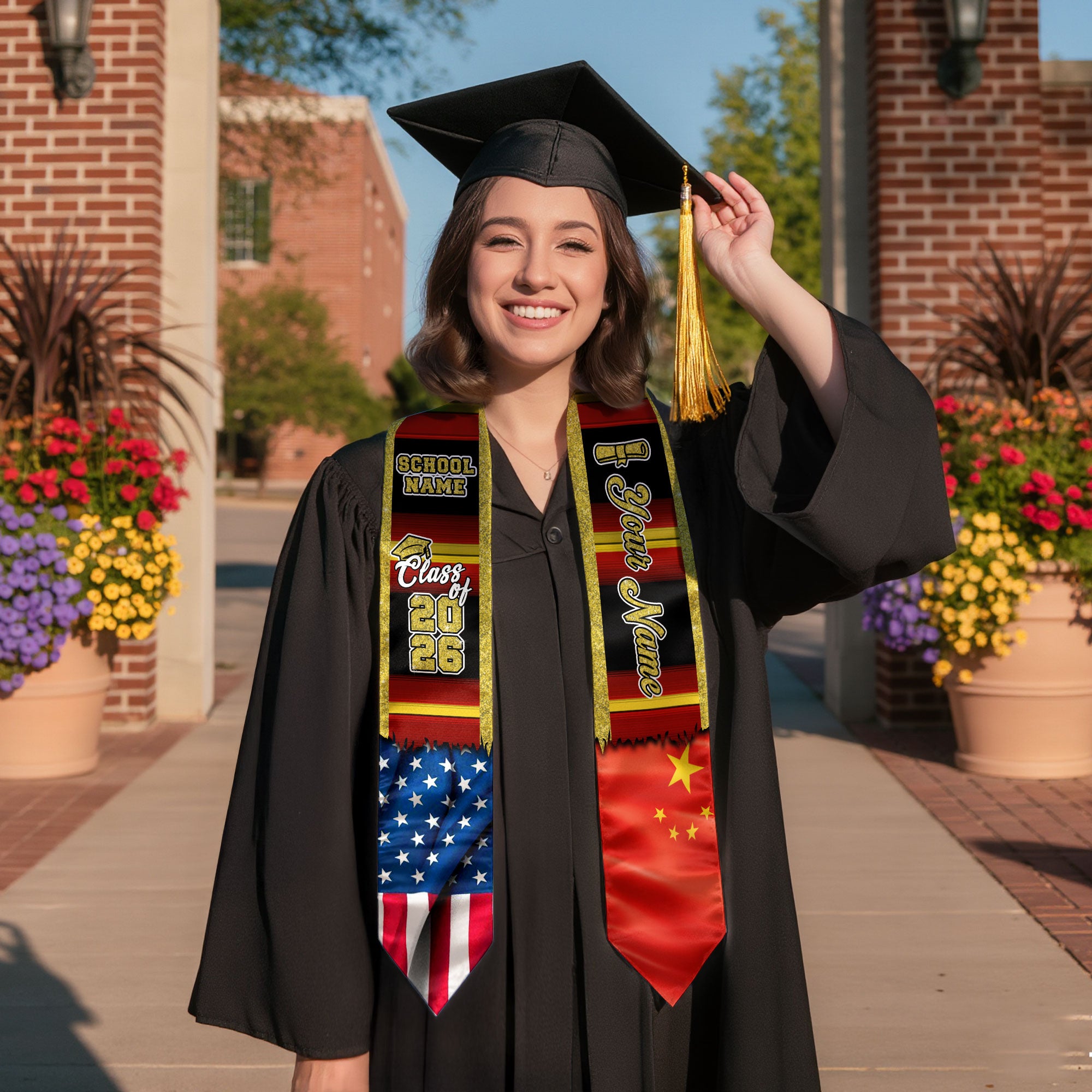 Customized China Graduation Stole Highlighting Chinese Flag Elements, Graduation Sash for Class of 2026