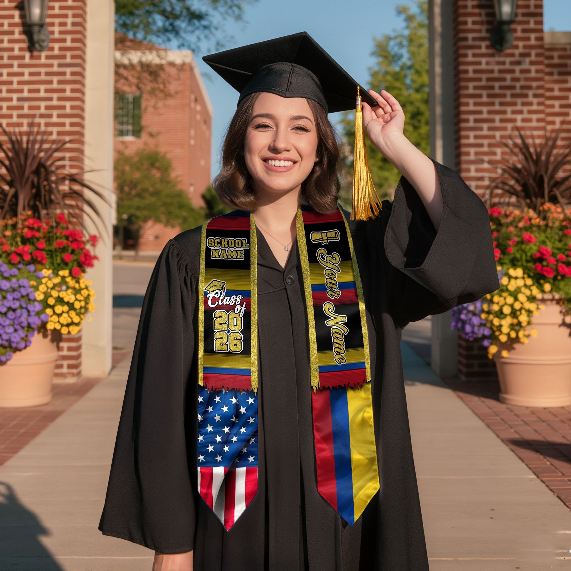 Customized Colombia Graduation Stole with Colombian Flag Style Design, Graduation Sash Class of 2026