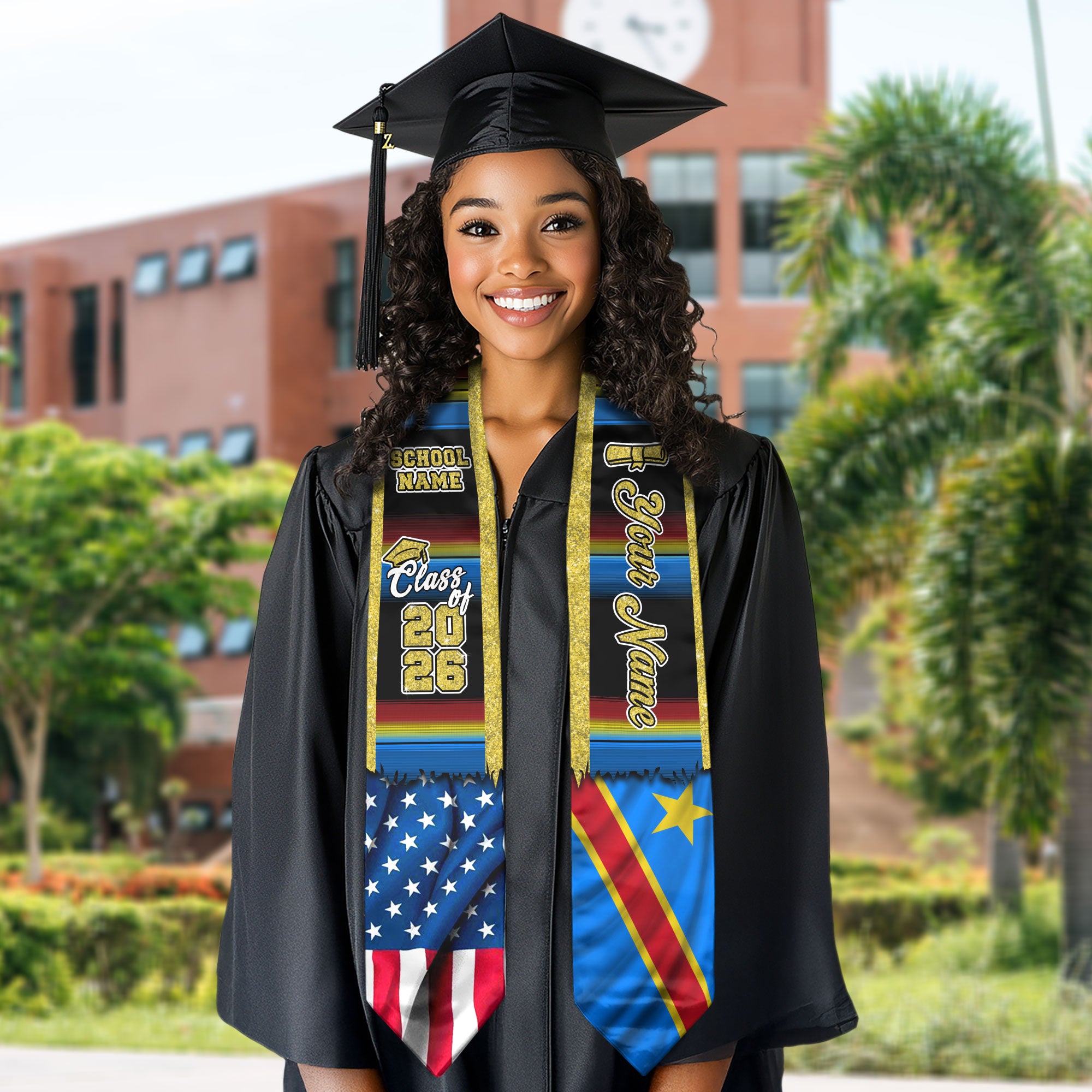 Customized DR Congo Graduation Stole with Congolese Flag Inspired Motif, Graduation Sash for 2026