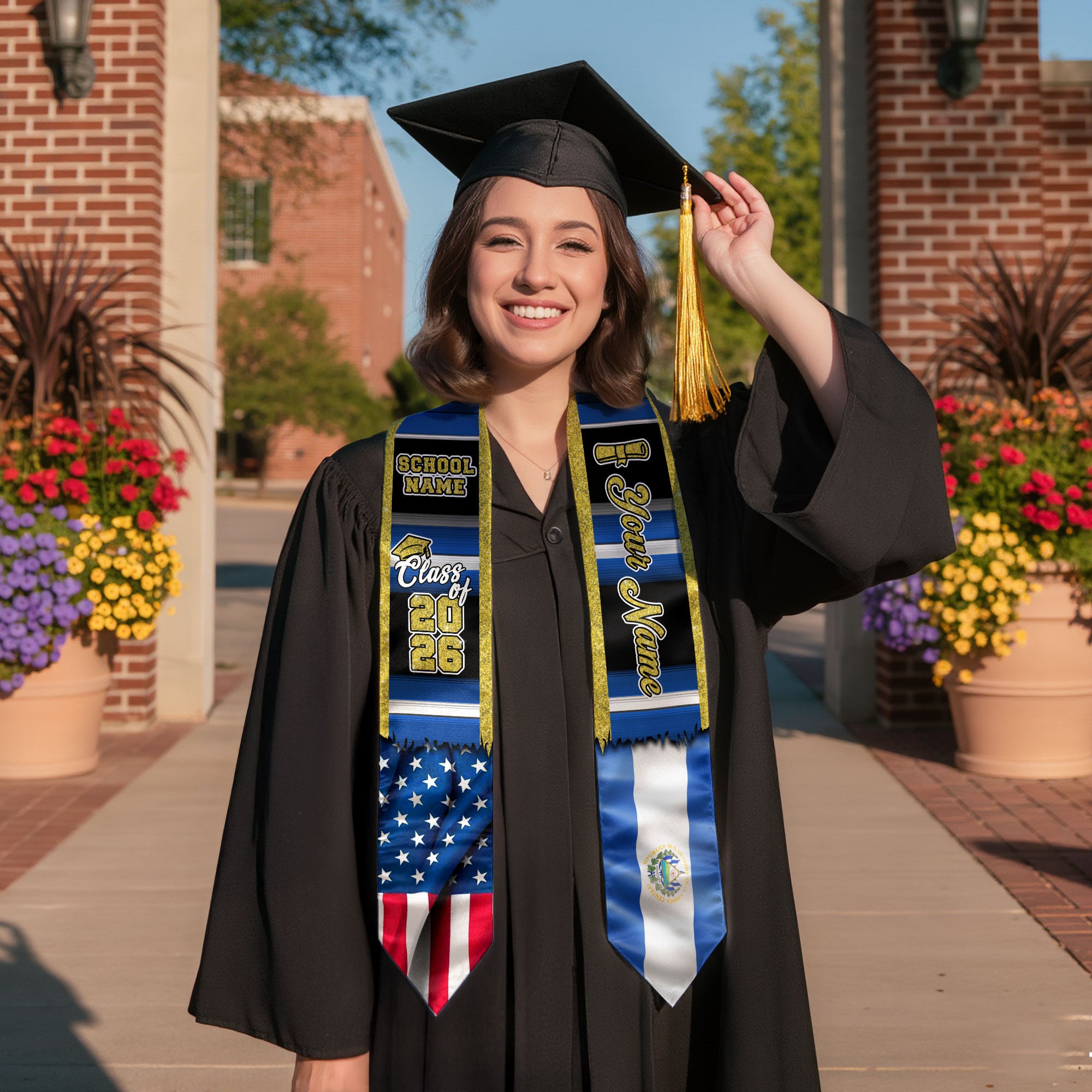 Customized El Salvador Graduation Stole with Salvadoran Flag Design, Graduation Sash for Class of 2026