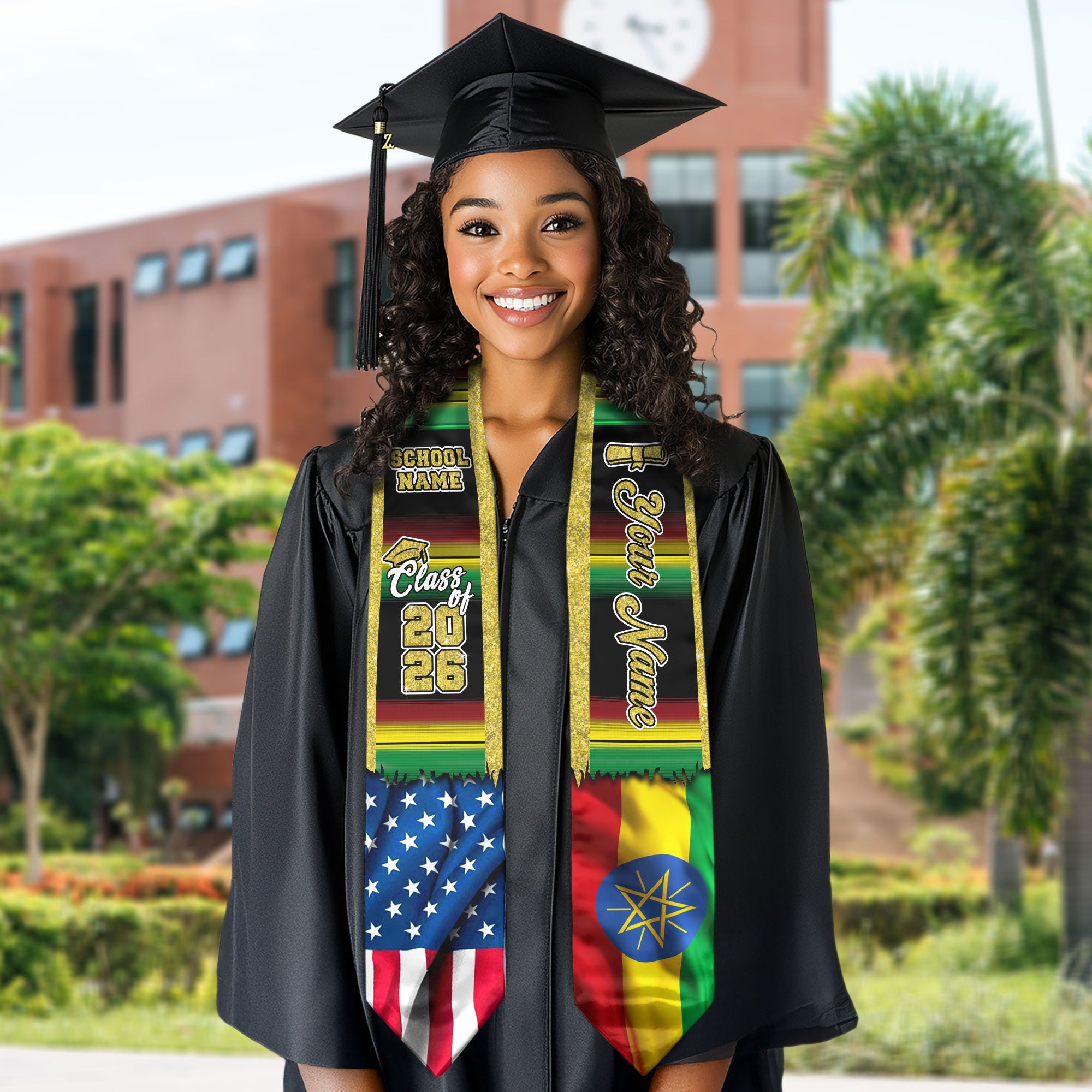 Customized Ethiopia Graduation Stole Featuring Ethiopian Flag Heritage Style, Graduation Sash Class of 2026