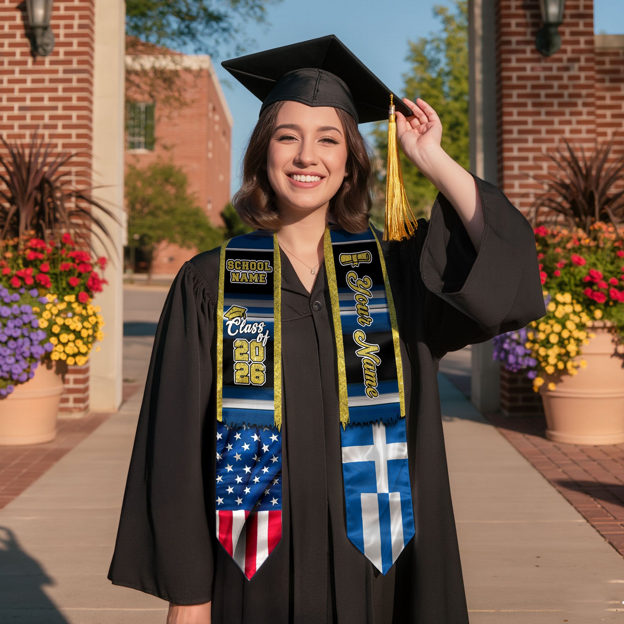 Customized Greece Graduation Stole Featuring Greek Flag Heritage Pattern, Graduation Sash for Class of 2026