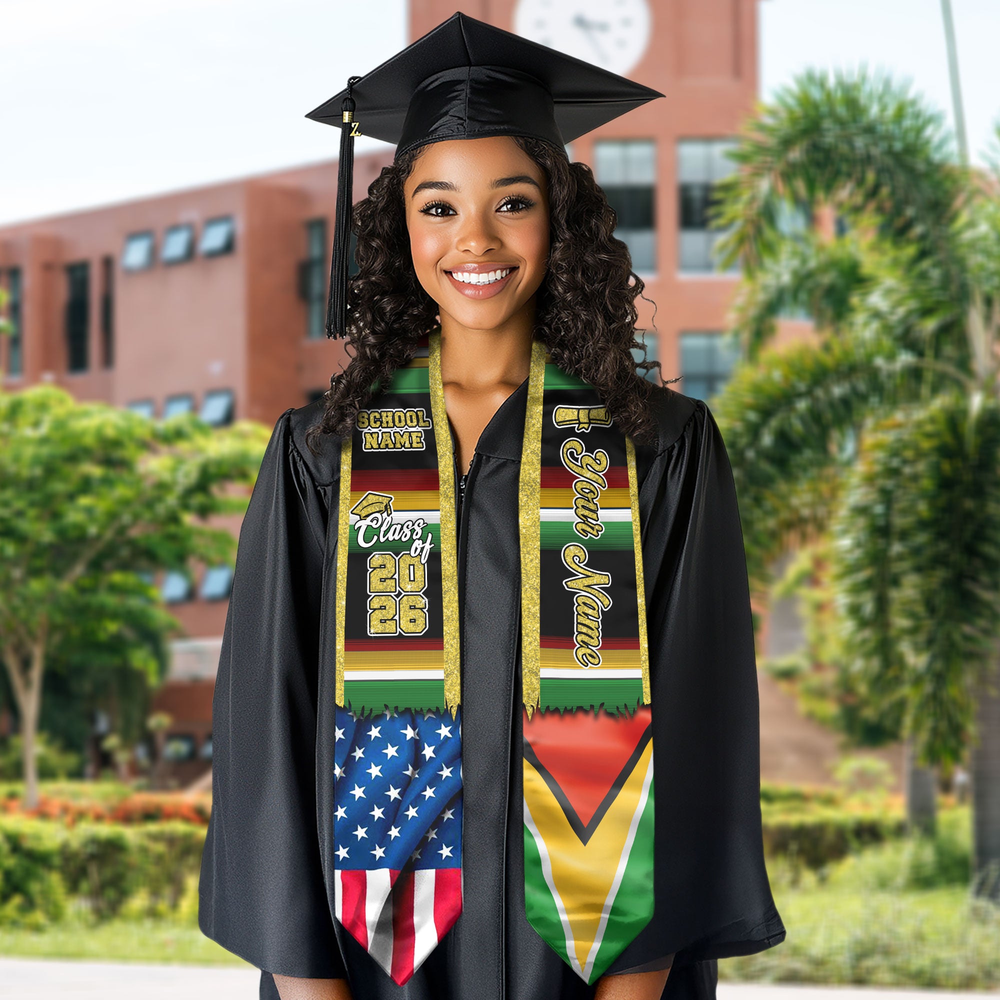 Customized Guyana Graduation Stole Showcasing Guyanese Flag Colors, Graduation Sash for Class of 2026