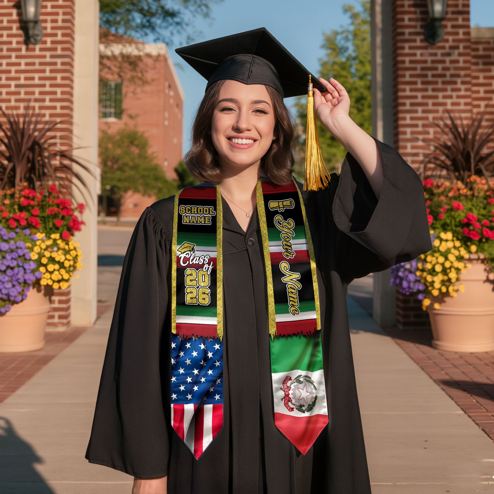 Customized Italy Graduation Stole Featuring Italian Flag Heritage Pattern, Graduation Sash for Class of 2026