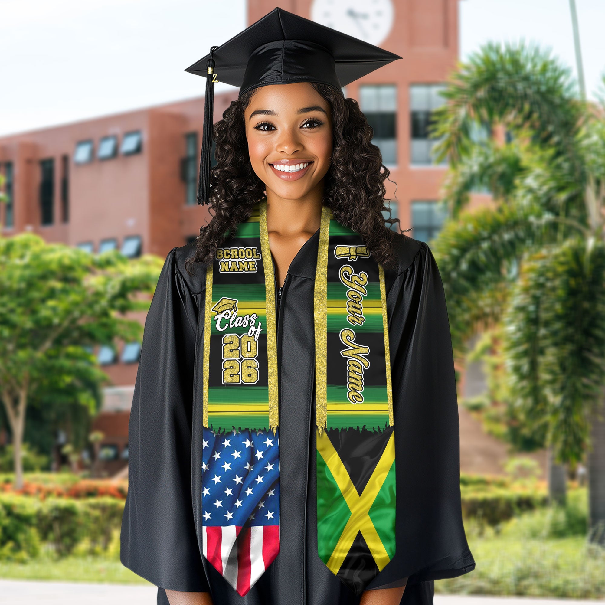 Customized Jamaica Graduation Stole Showcasing Jamaican Flag Style, Graduation Sash Class of 2026