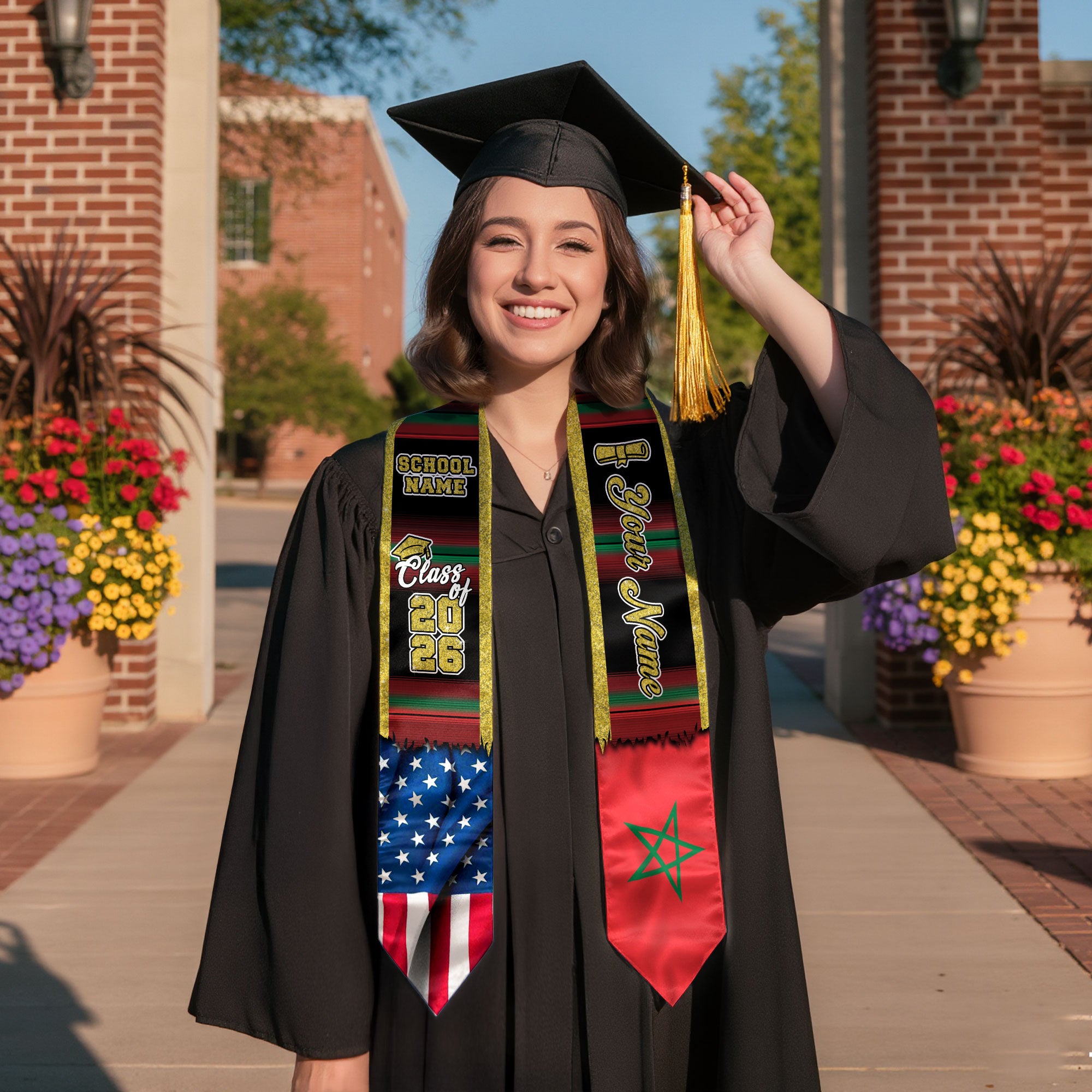 Customized Morocco Graduation Stole Featuring Moroccan Flag Heritage Accents, Graduation Sash Class of 2026