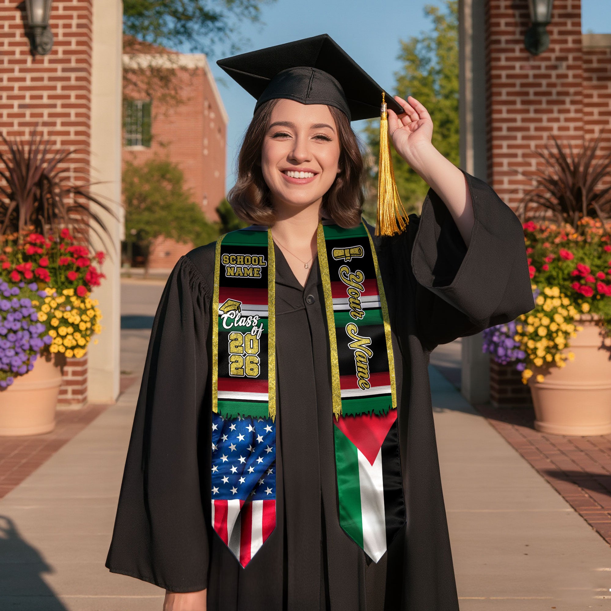 Customized Palestine Graduation Stole with Palestinian Flag Inspired Design, Graduation Sash Class of 2026
