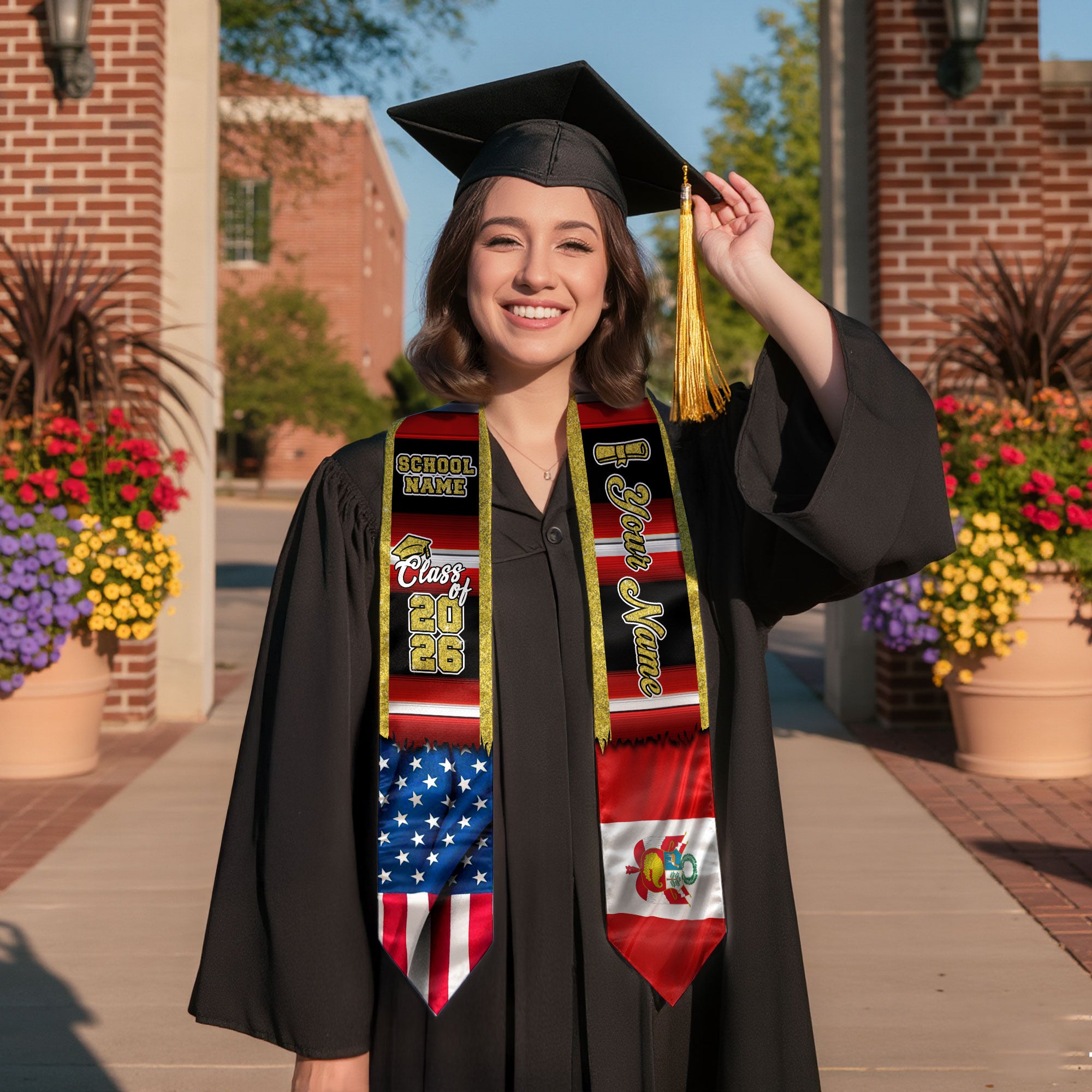 Customized Peru Graduation Stole Featuring Peruvian Flag Heritage Pattern, Graduation Sash Class of 2026