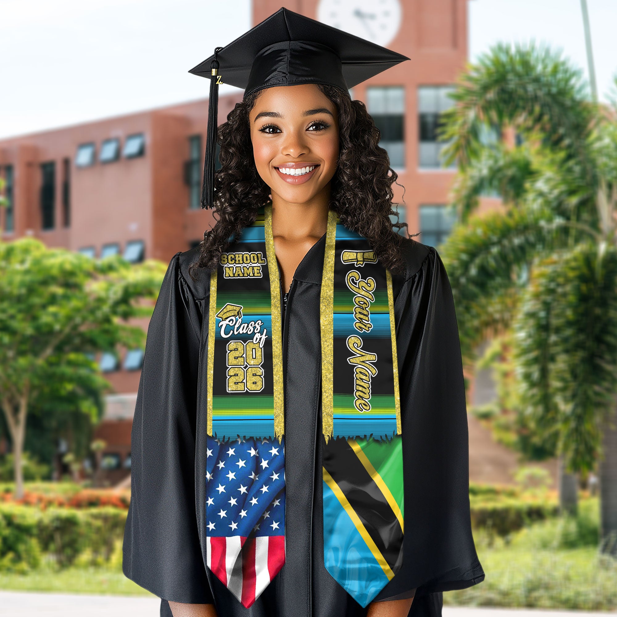 Customized Tanzania Graduation Stole Featuring Tanzanian Flag Design, Graduation Sash for Class of 2026