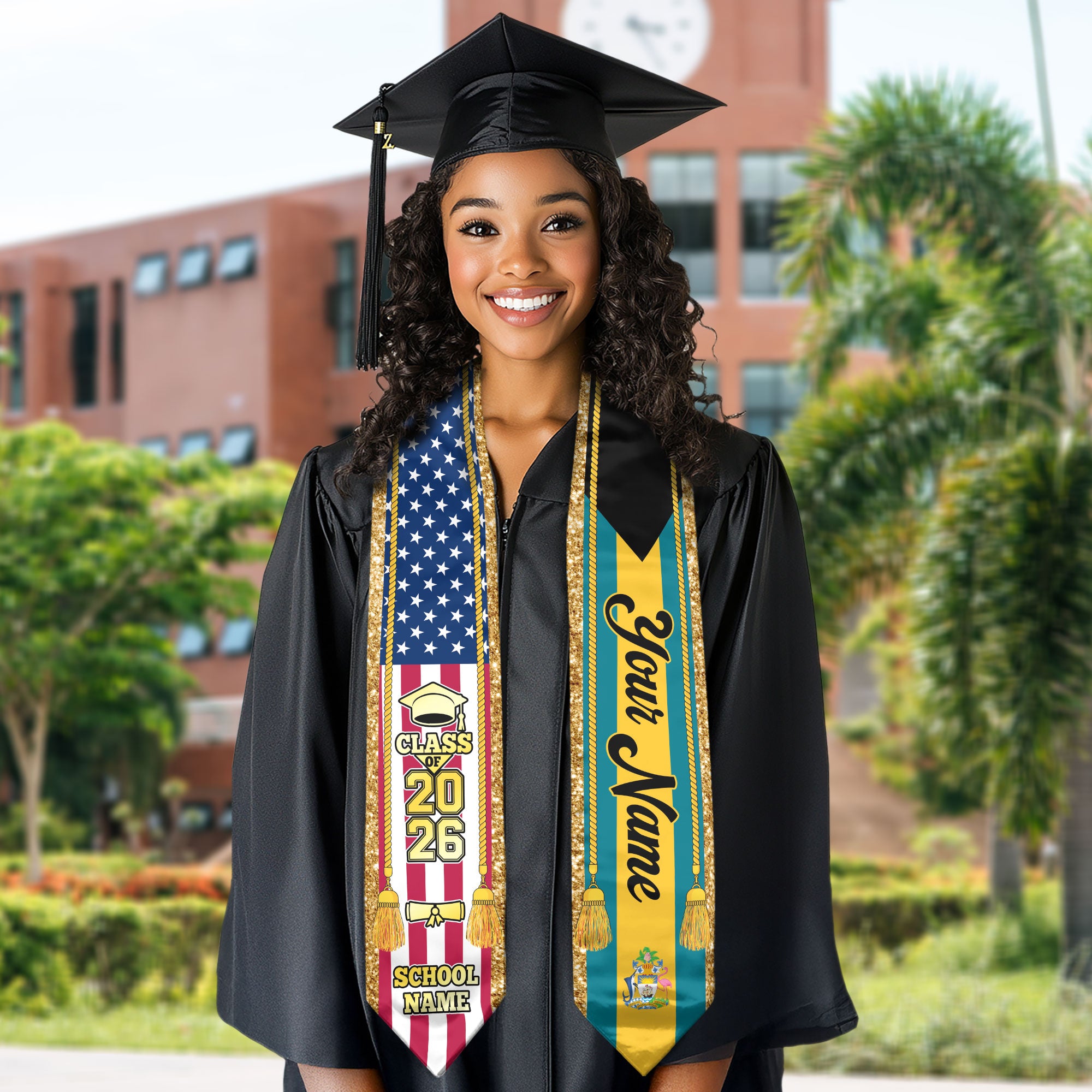 Customized Bahamas Graduation Stole with Island Flag Emblem, Graduation Sash for Class of 2026