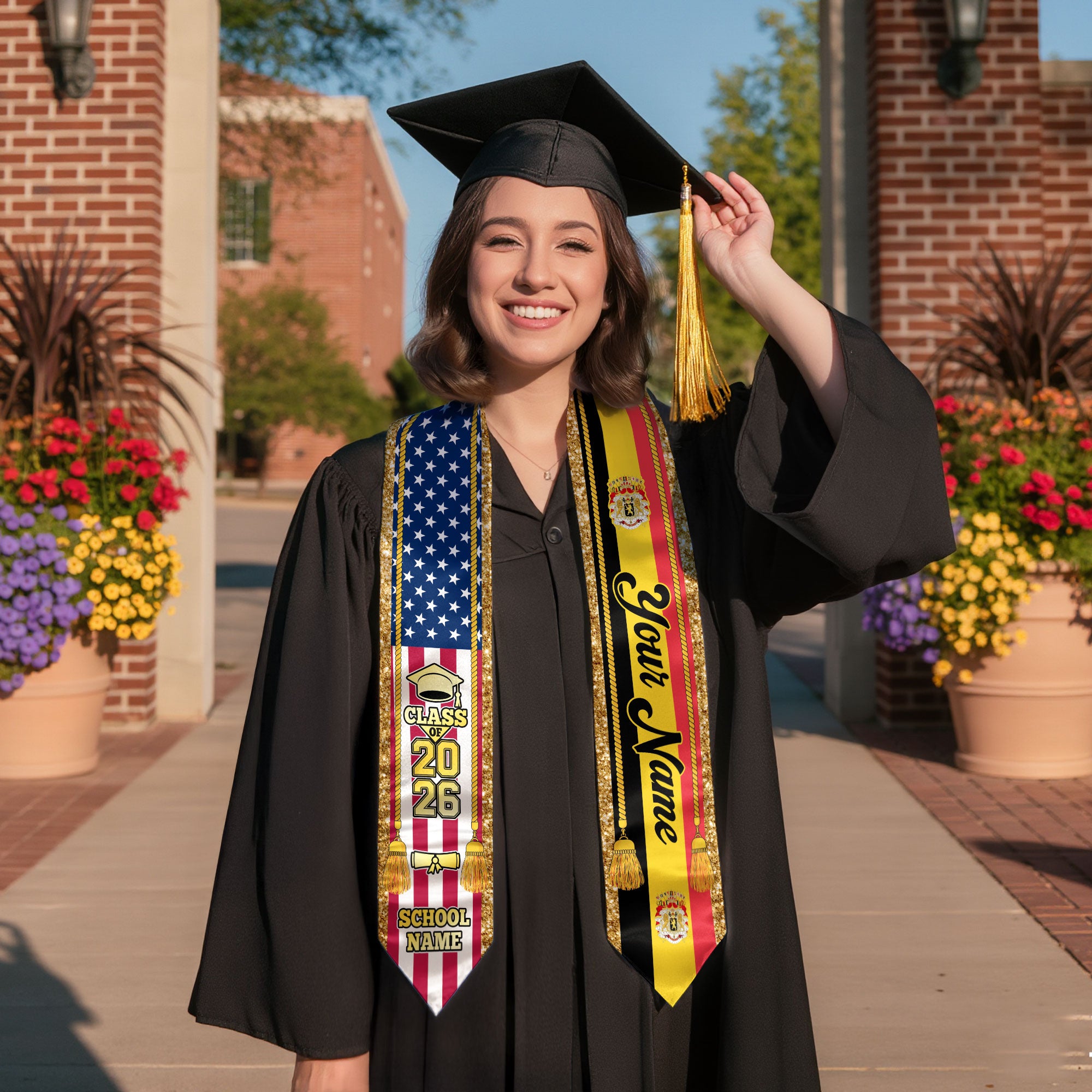 Customized Belgium Graduation Stole with Belgian Flag Emblem, Graduation Sash for Class of 2026