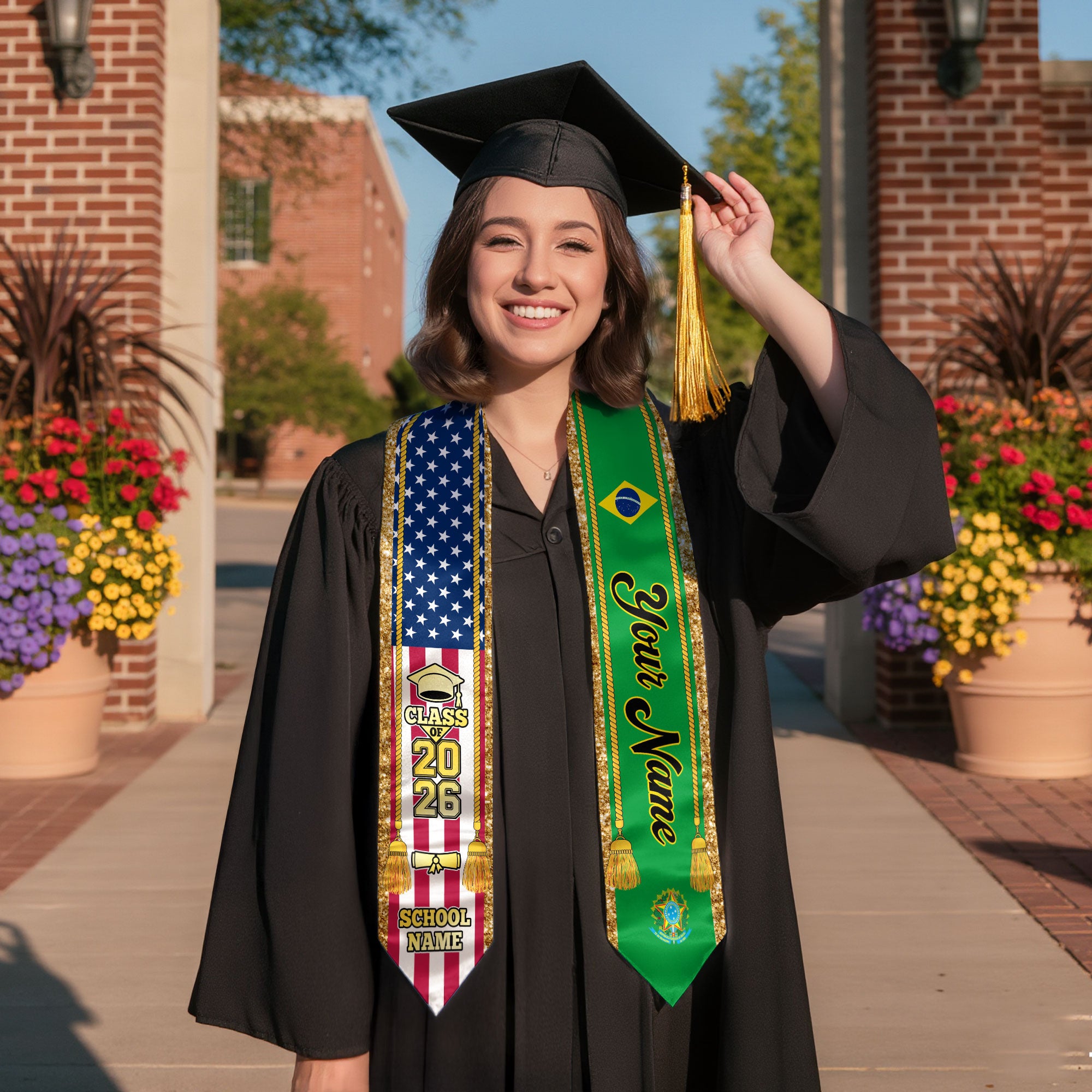 Customized Brazil Graduation Stole with Brazilian Flag Emblem, Graduation Sash for Class of 2026