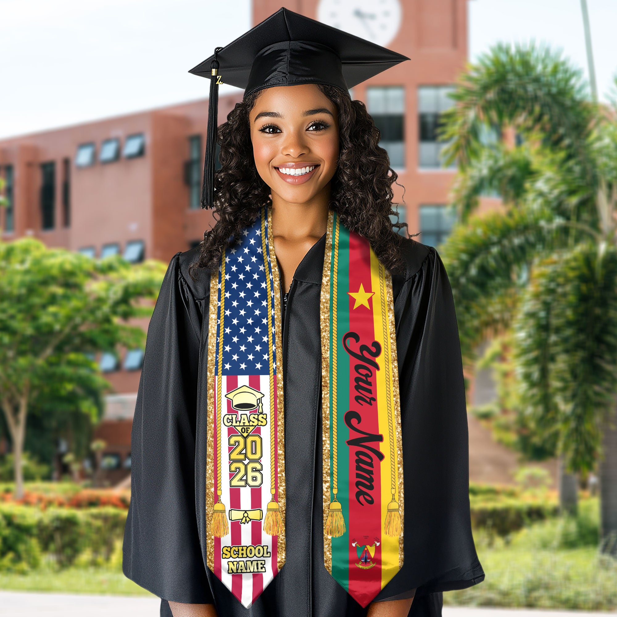 Customized Cameroon Graduation Stole with National Flag Emblem, Graduation Sash for Class of 2026