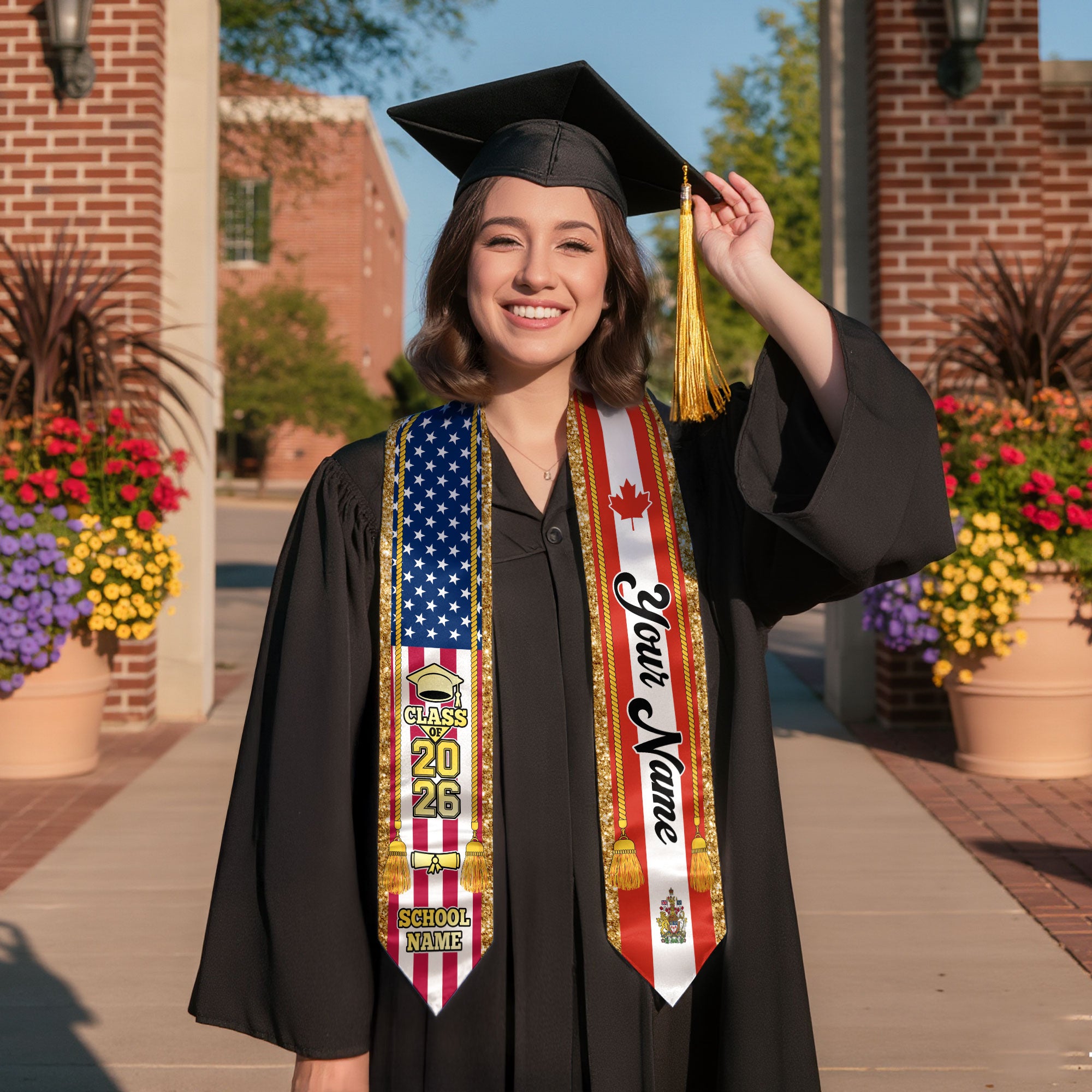 Customized Canada Graduation Stole with Canadian Flag Emblem, Graduation Sash for Class of 2026