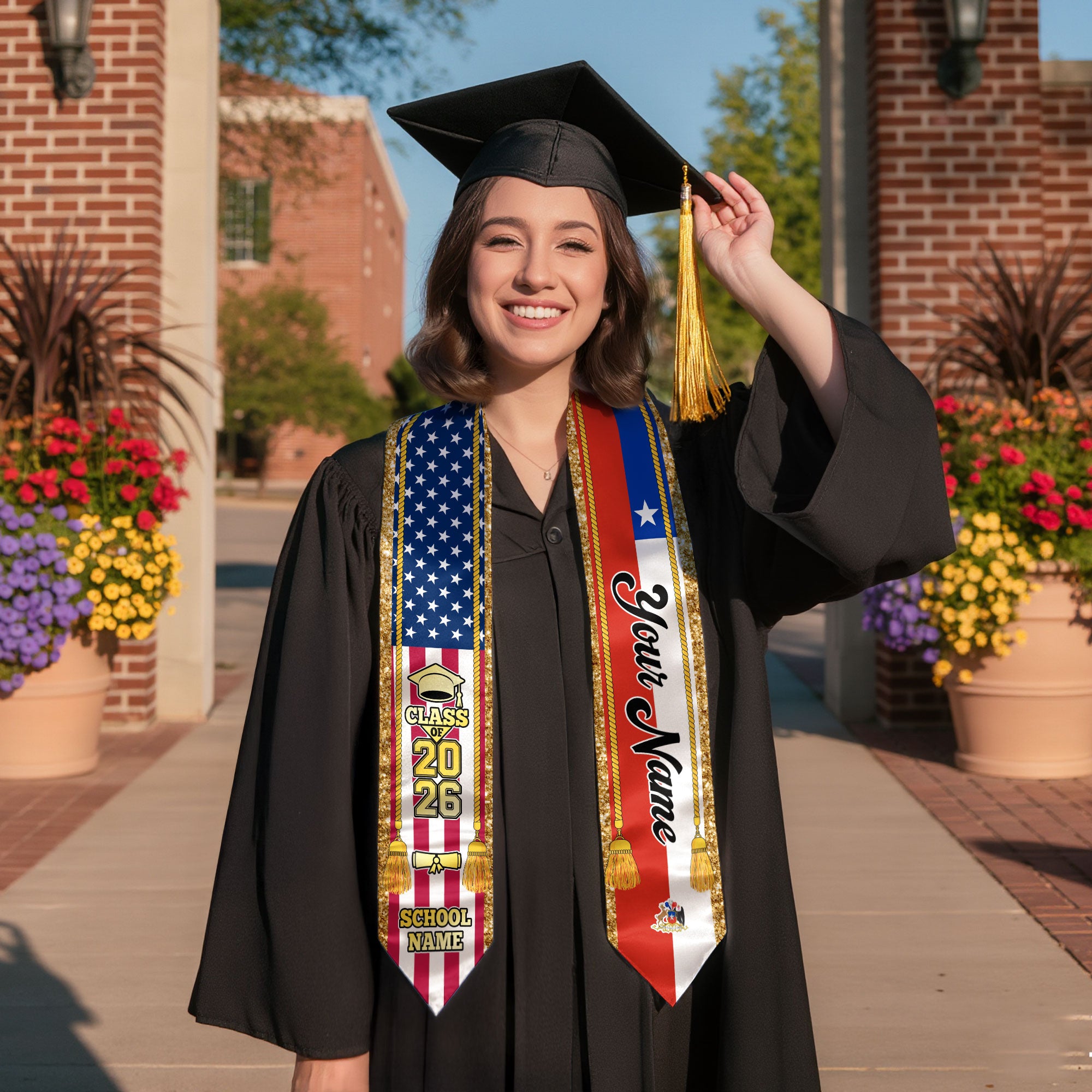 Customized Chile Graduation Stole with Chilean Flag Emblem, Graduation Sash for Class of 2026