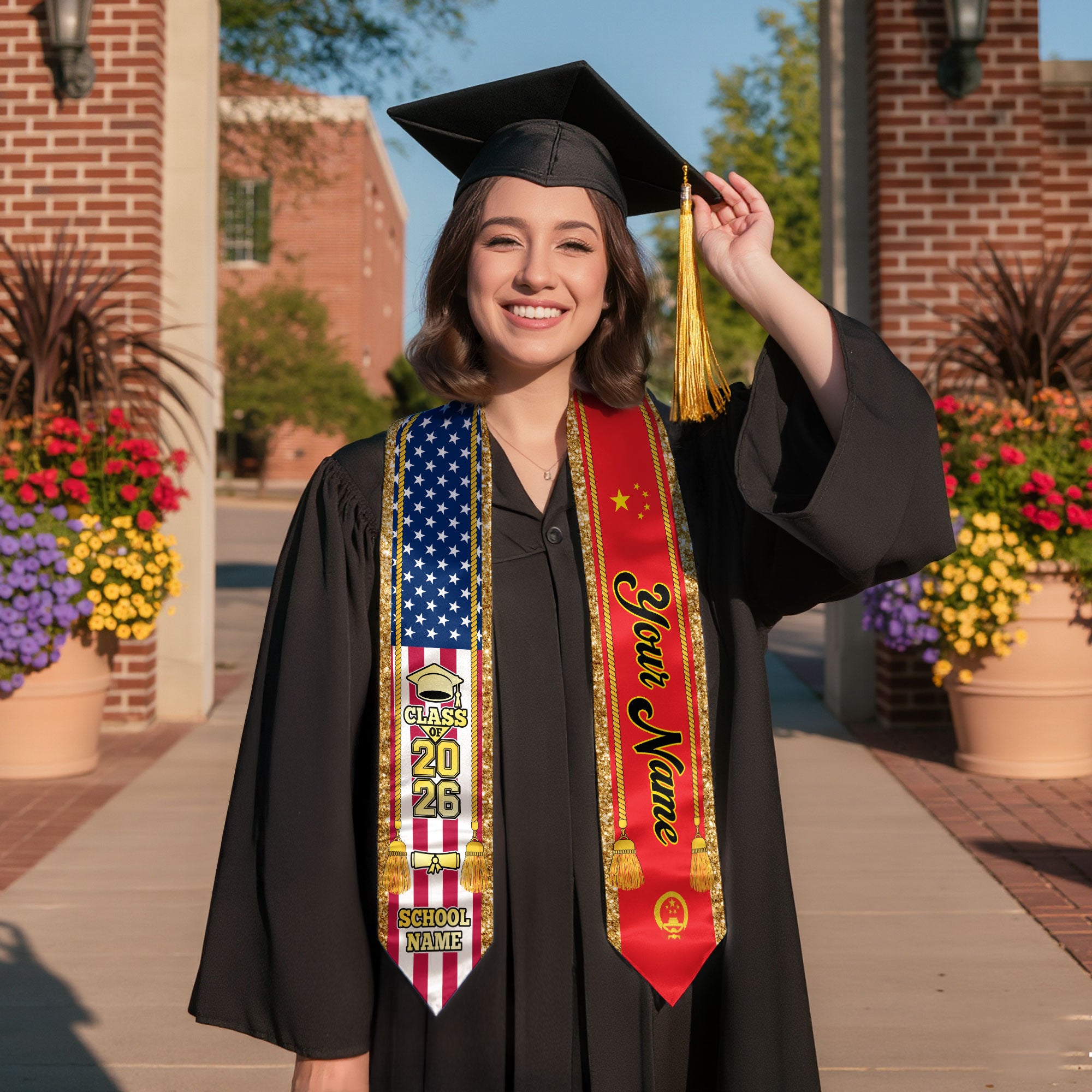 Customized China Graduation Stole with Chinese Flag Emblem, Graduation Sash for Class of 2026