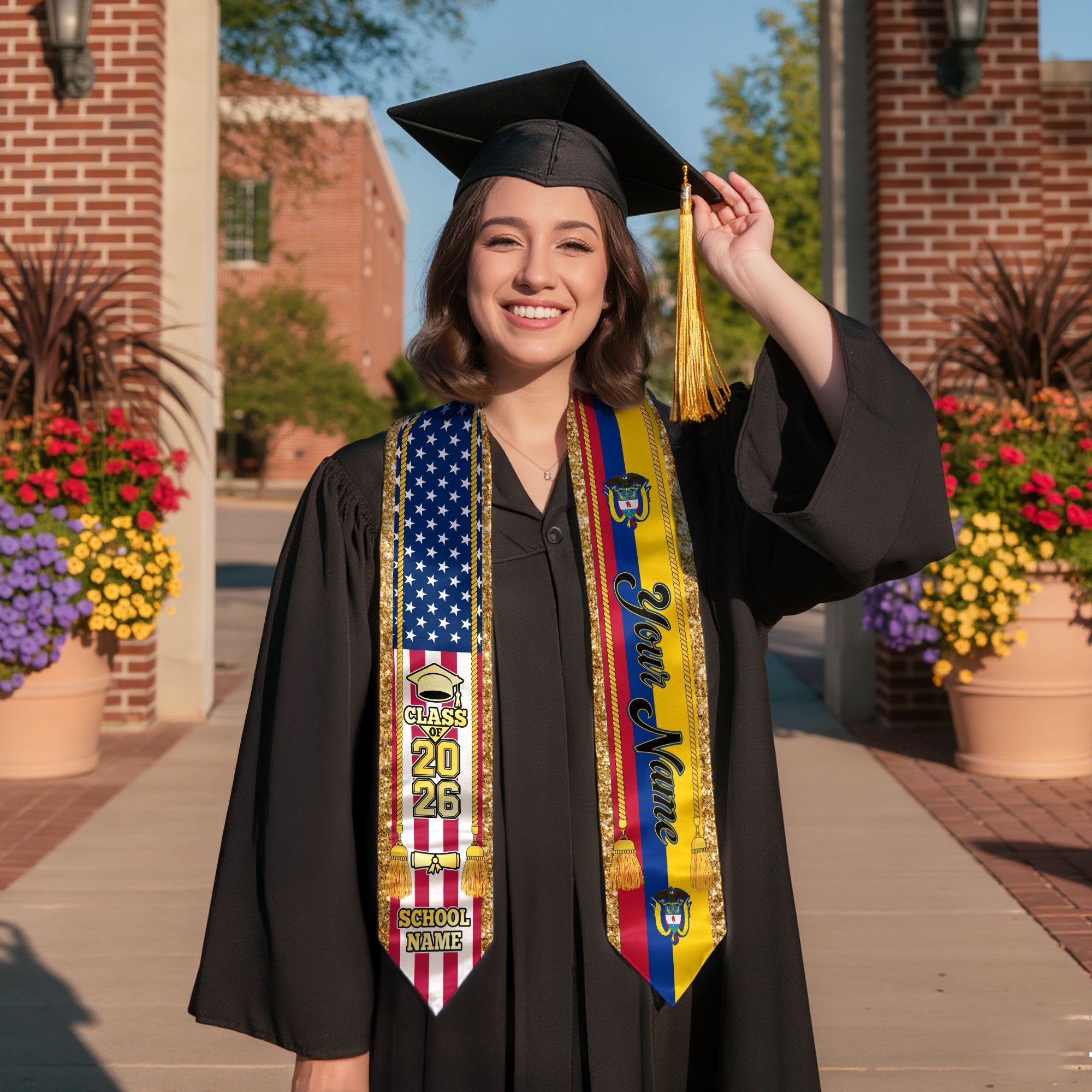 Customized Colombia Graduation Stole with Colombian Flag Emblem, Graduation Sash for Class of 2026