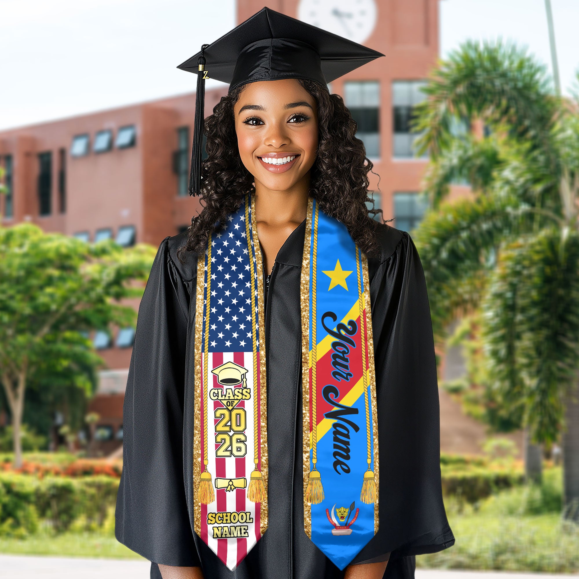 Customized DR Congo Graduation Stole with National Flag Emblem, Graduation Sash for Class of 2026
