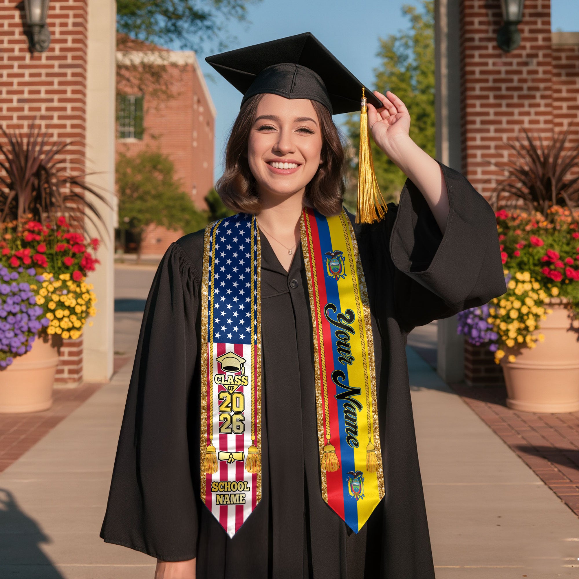Customized Ecuador Graduation Stole with Ecuadorian Flag Emblem, Graduation Sash for Class of 2026