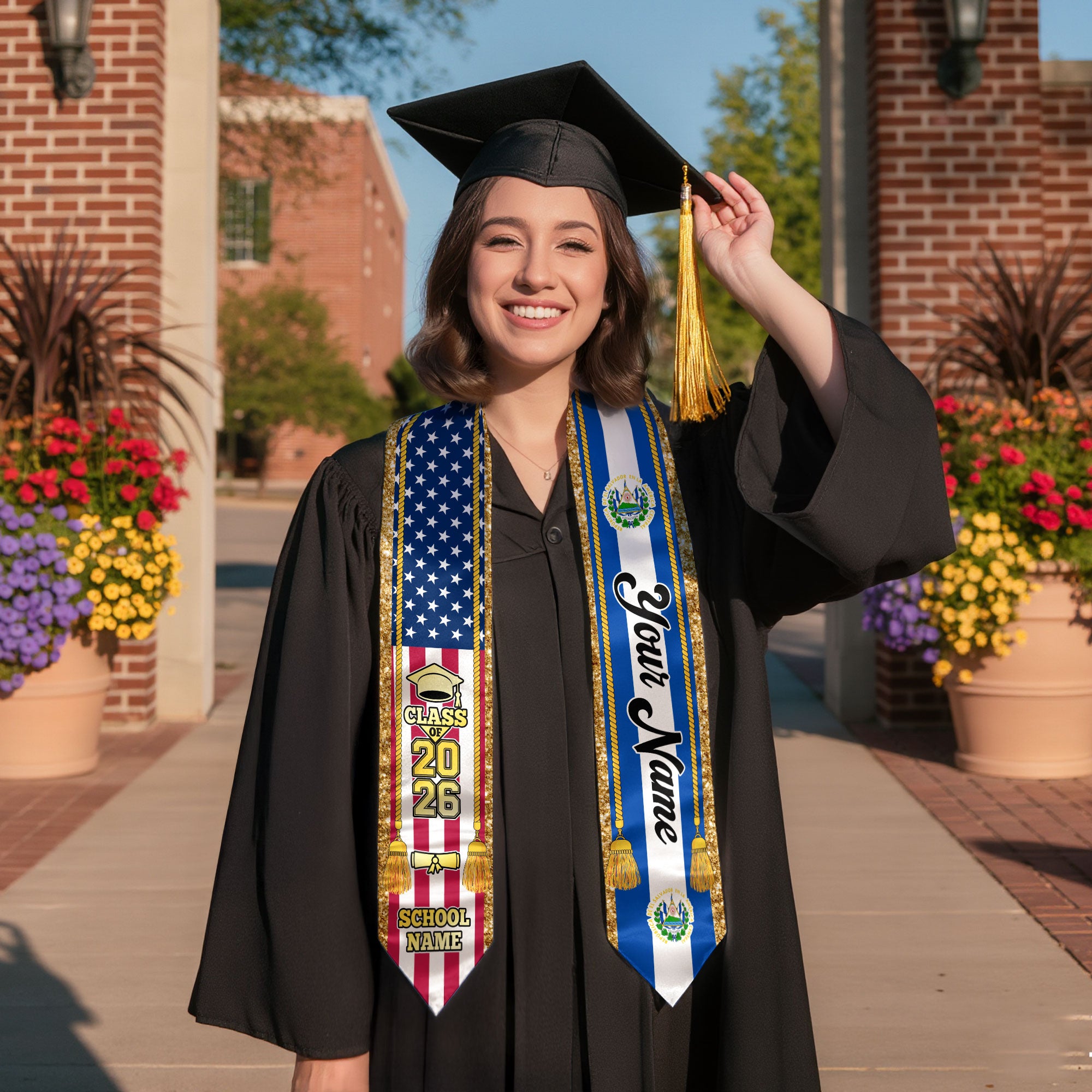 Customized El Salvador Graduation Stole with Salvadoran Flag Emblem, Graduation Sash for Class of 2026