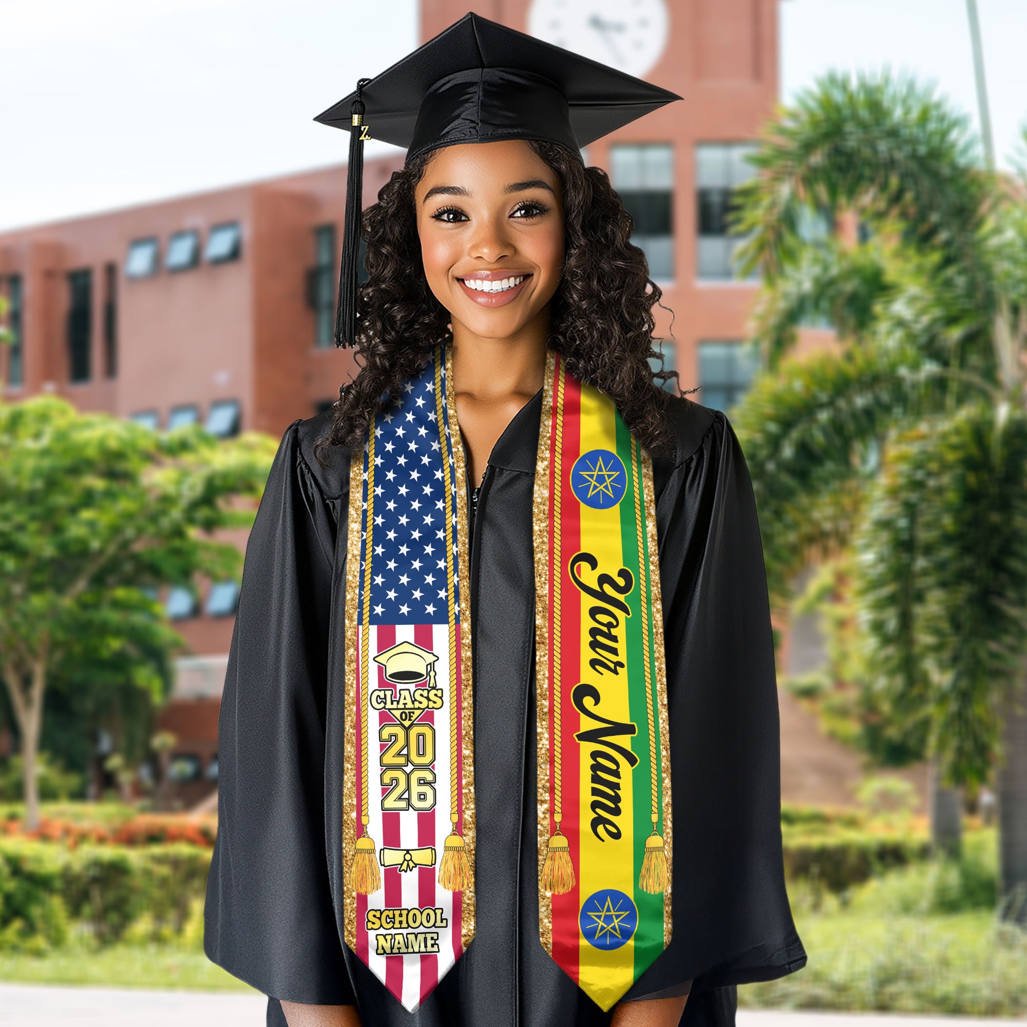 Customized Ethiopia Graduation Stole with Ethiopian Flag Emblem, Graduation Sash for Class of 2026