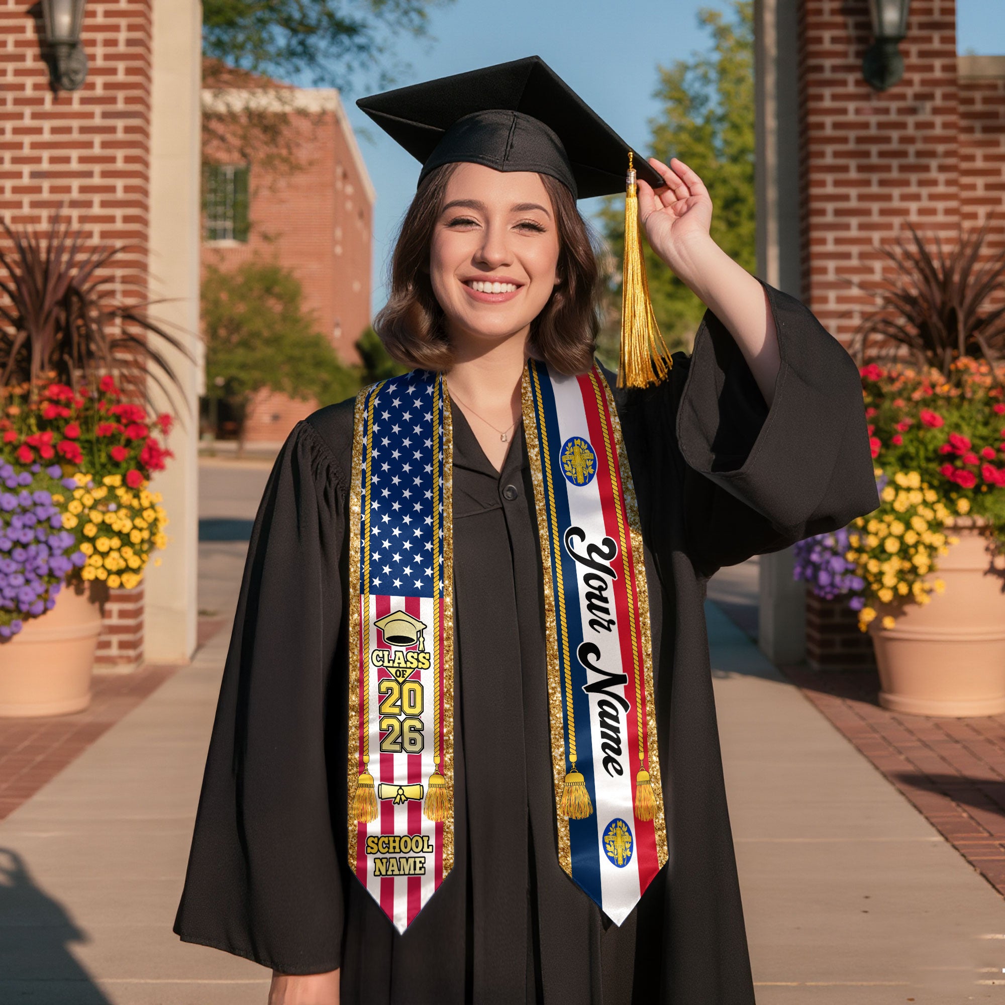 Customized France Graduation Stole with French Flag Emblem, Graduation Sash for Class of 2026
