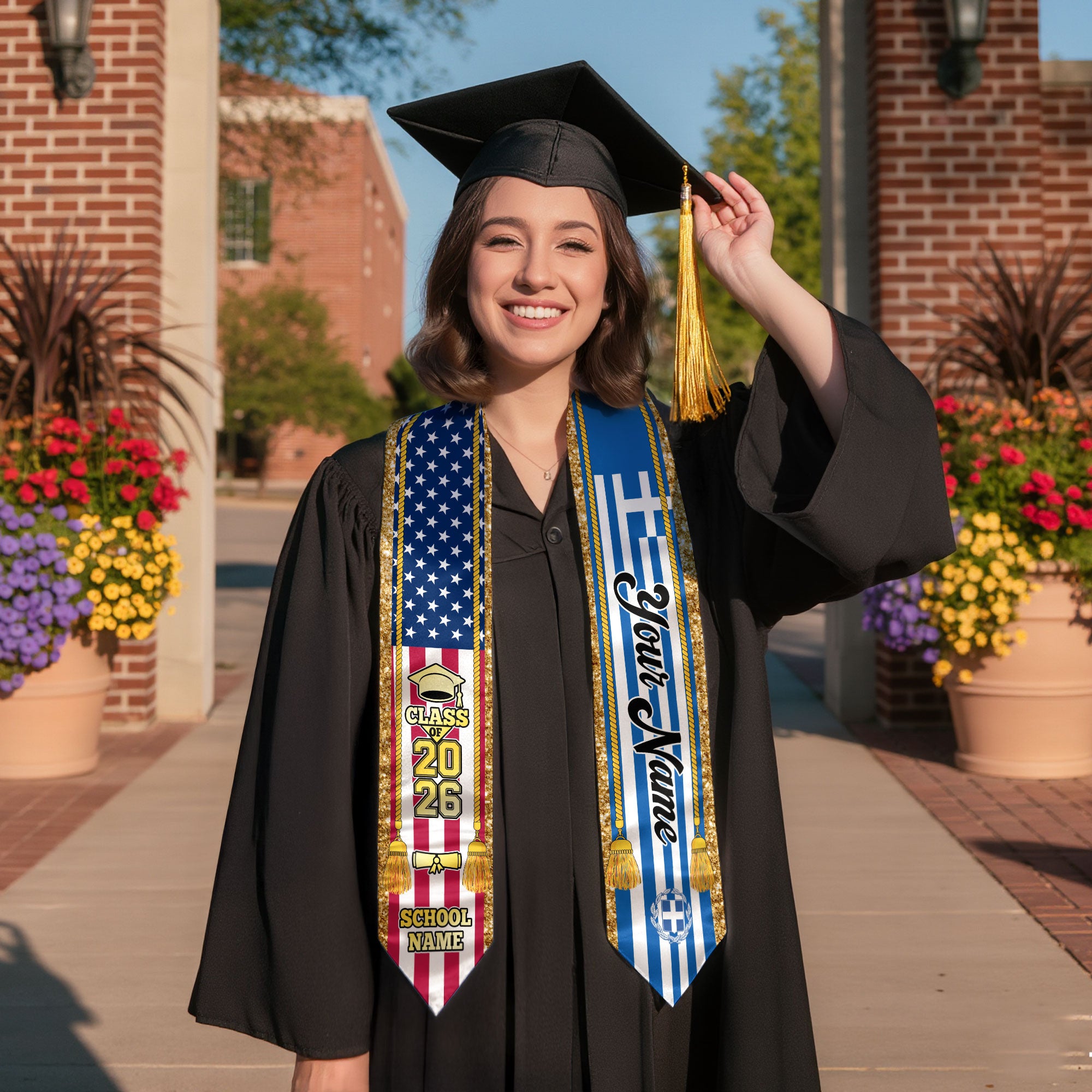 Customized Greece Graduation Stole with Greek Flag Emblem, Graduation Sash for Class of 2026