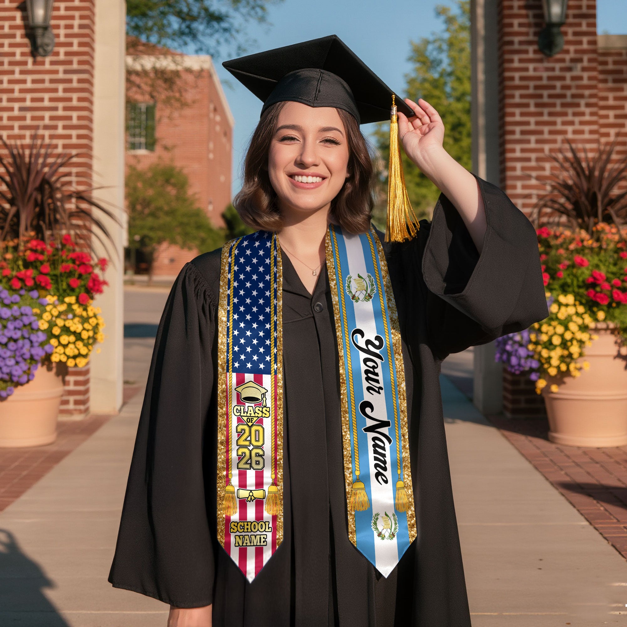Customized Guatemala Graduation Stole with Guatemalan Flag Emblem, Graduation Sash for Class of 2026