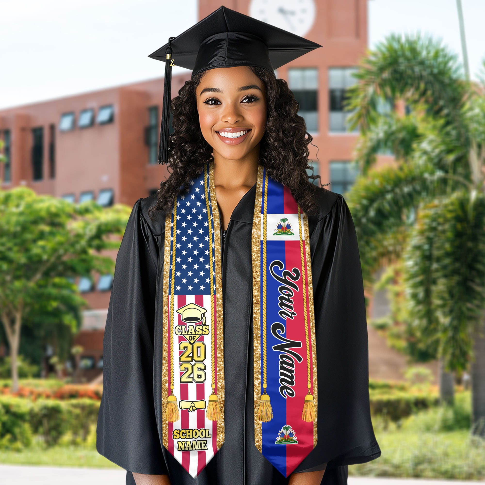 Customized Haiti Graduation Stole with Haitian Flag Emblem, Graduation Sash for Class of 2026