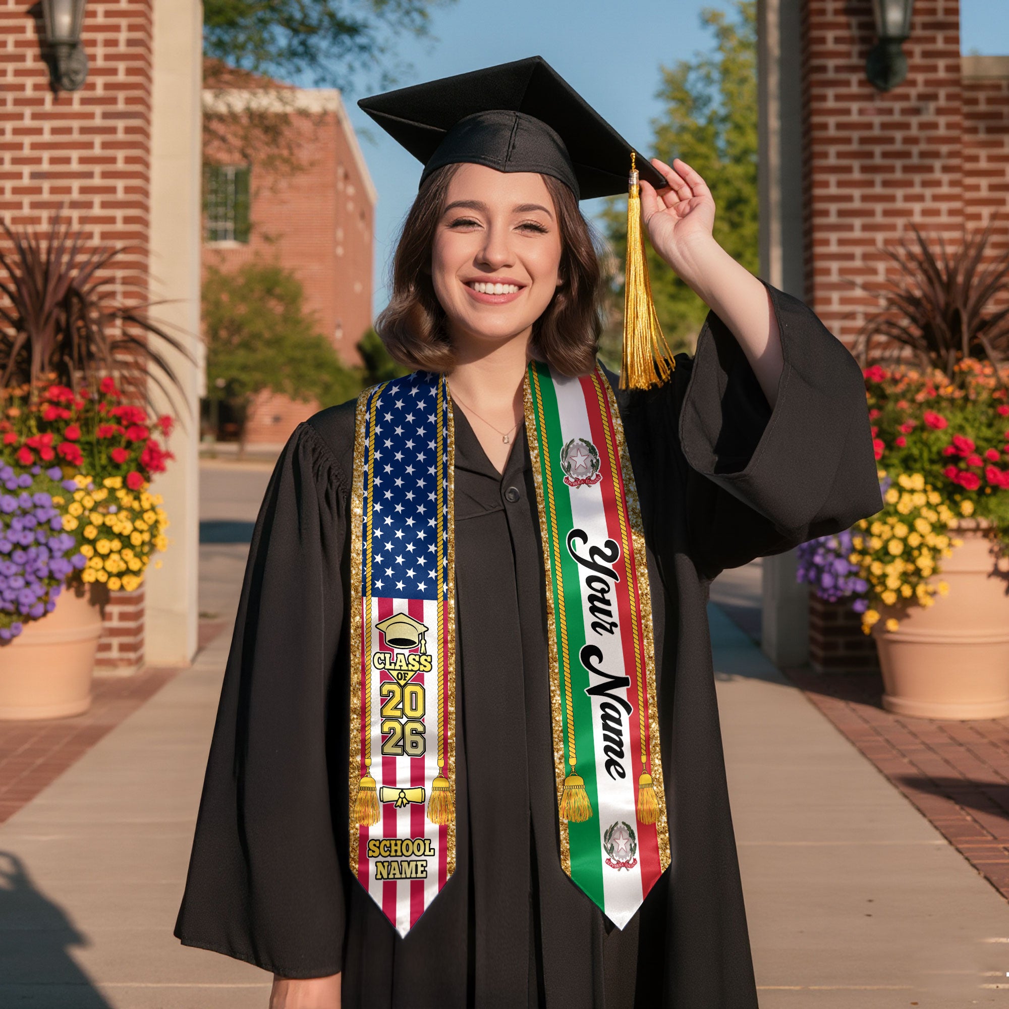 Customized Italy Graduation Stole with Italian Flag Emblem, Graduation Sash for Class of 2026