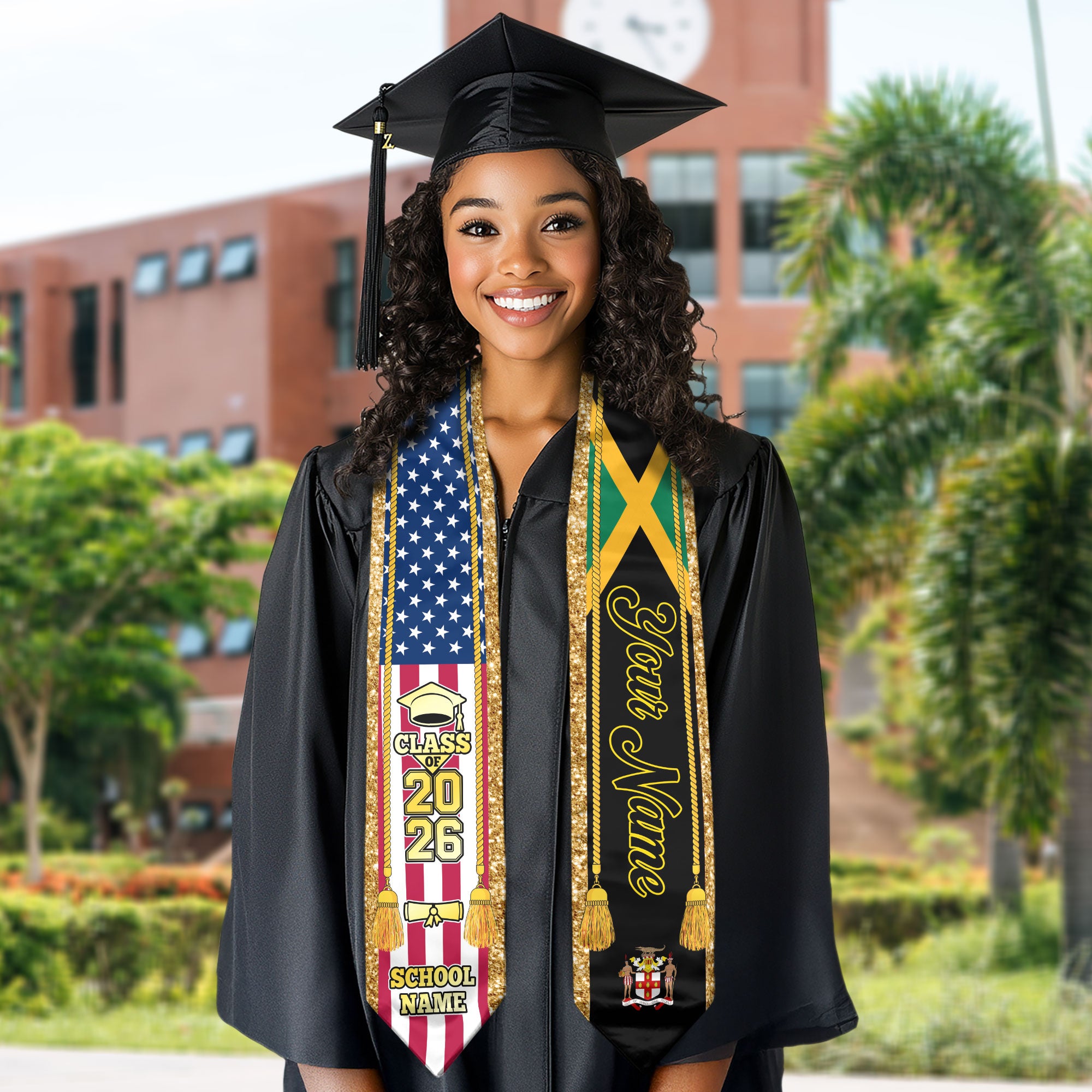 Customized Jamaica Graduation Stole with Jamaican Flag Emblem, Graduation Sash for Class of 2026