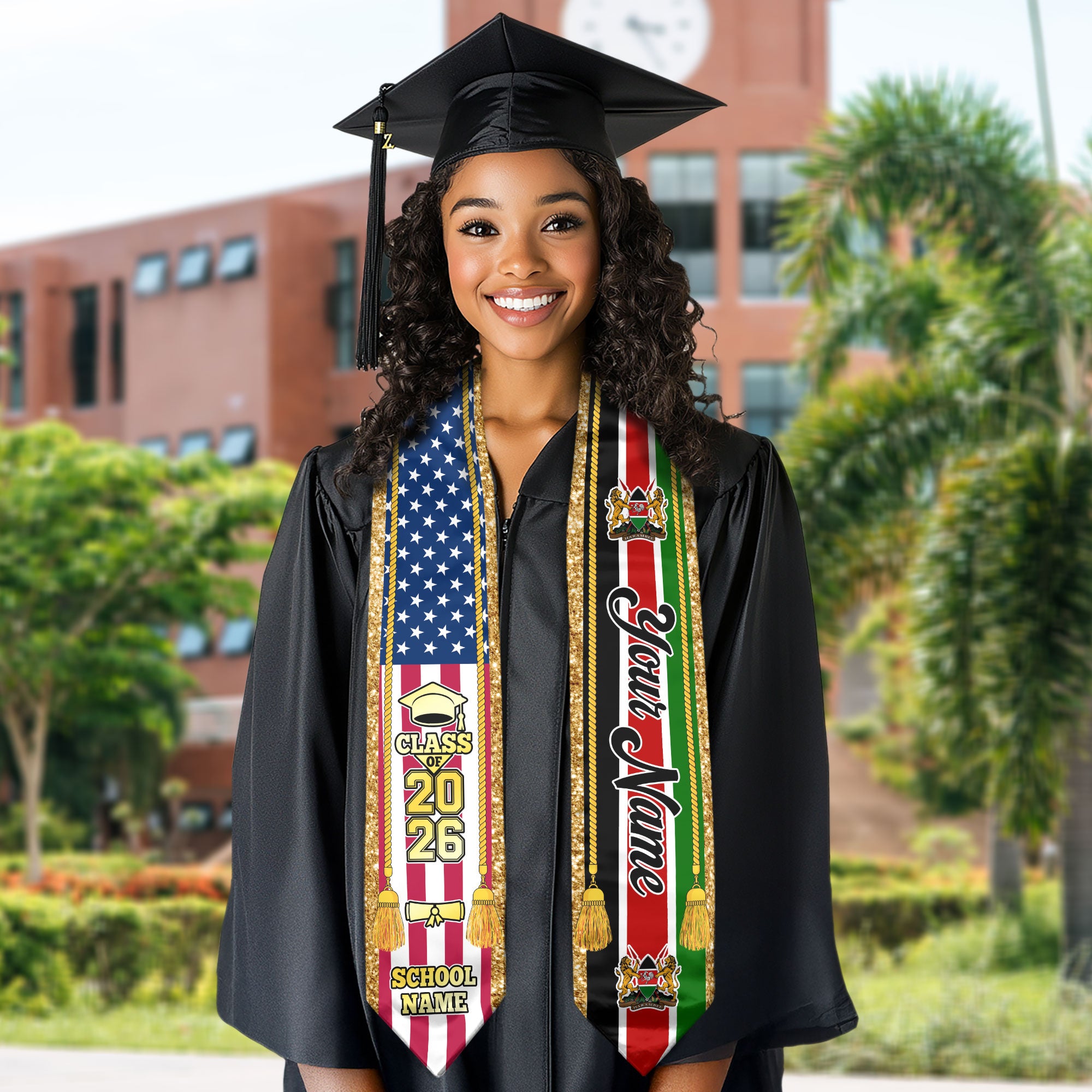 Customized Kenya Graduation Stole with Kenyan Flag Emblem, Graduation Sash for Class of 2026