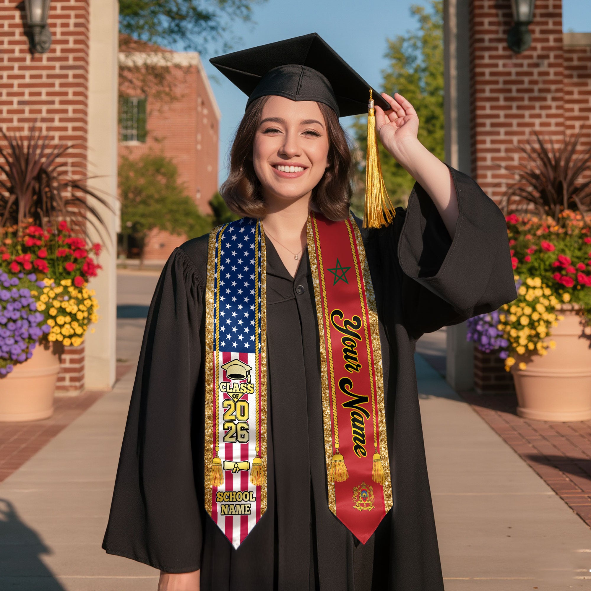 Customized Morocco Graduation Stole with Moroccan Flag Emblem, Graduation Sash for Class of 2026